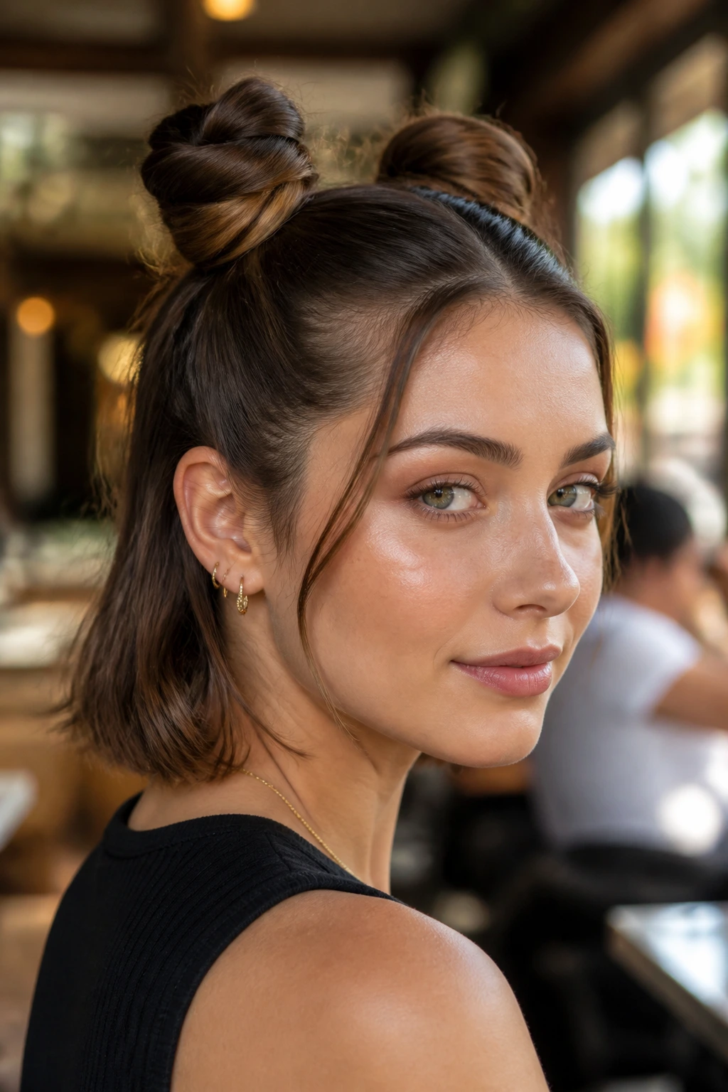 Close-up of a real woman with two small buns on shoulder-length hair in a cafe setting.
