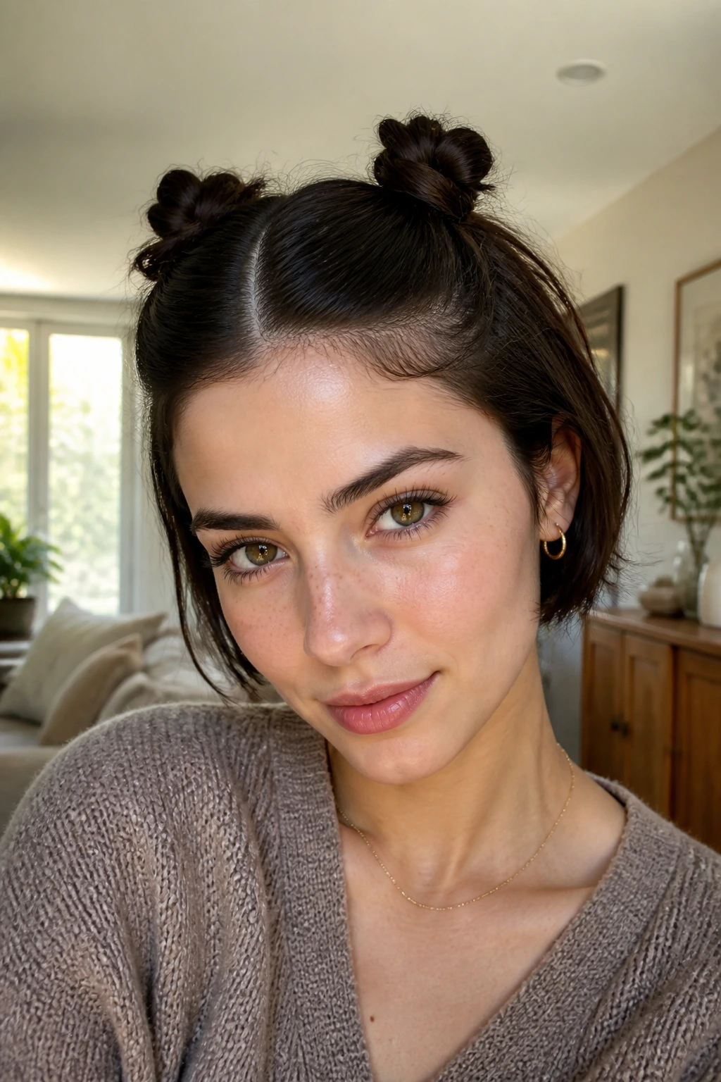 Close-up of a real person with two mini buns on cropped hair