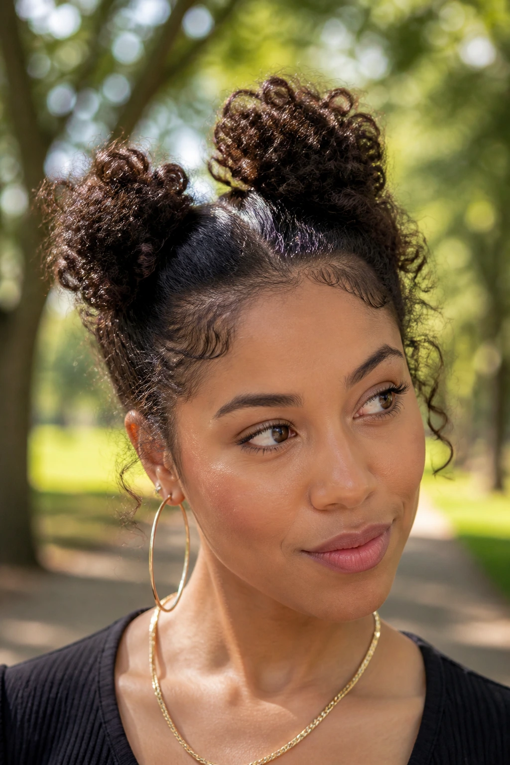 Close-up of a real woman with two small buns on top of the head