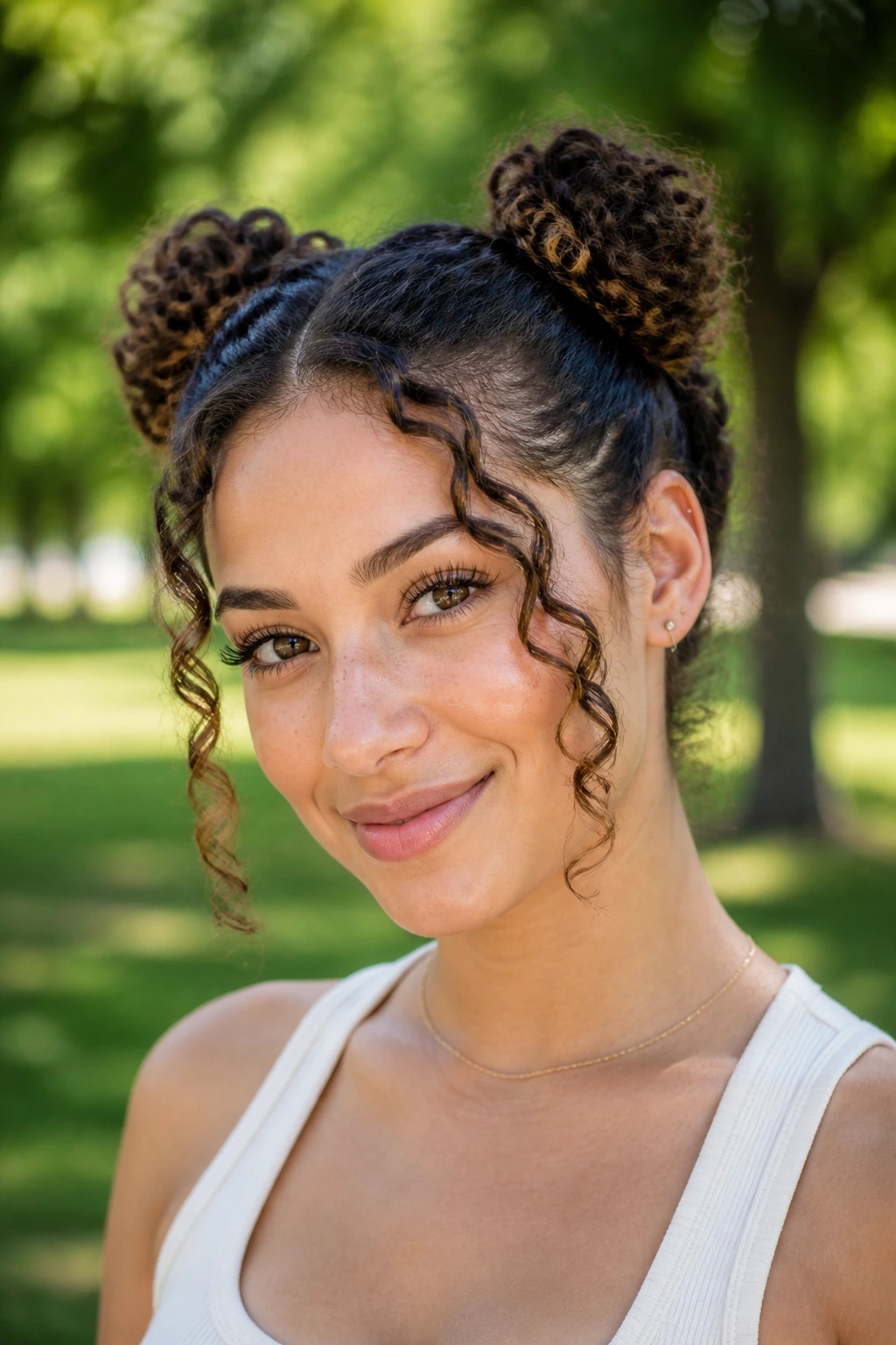 Front view of double mini buns on a real woman