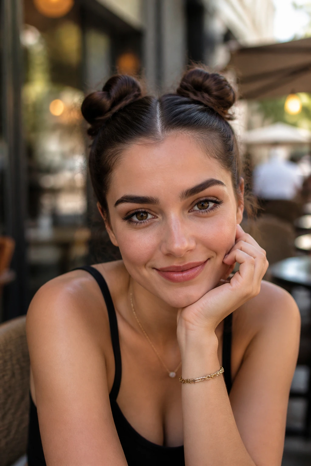 Close-up of a real woman with two small buns on the crown