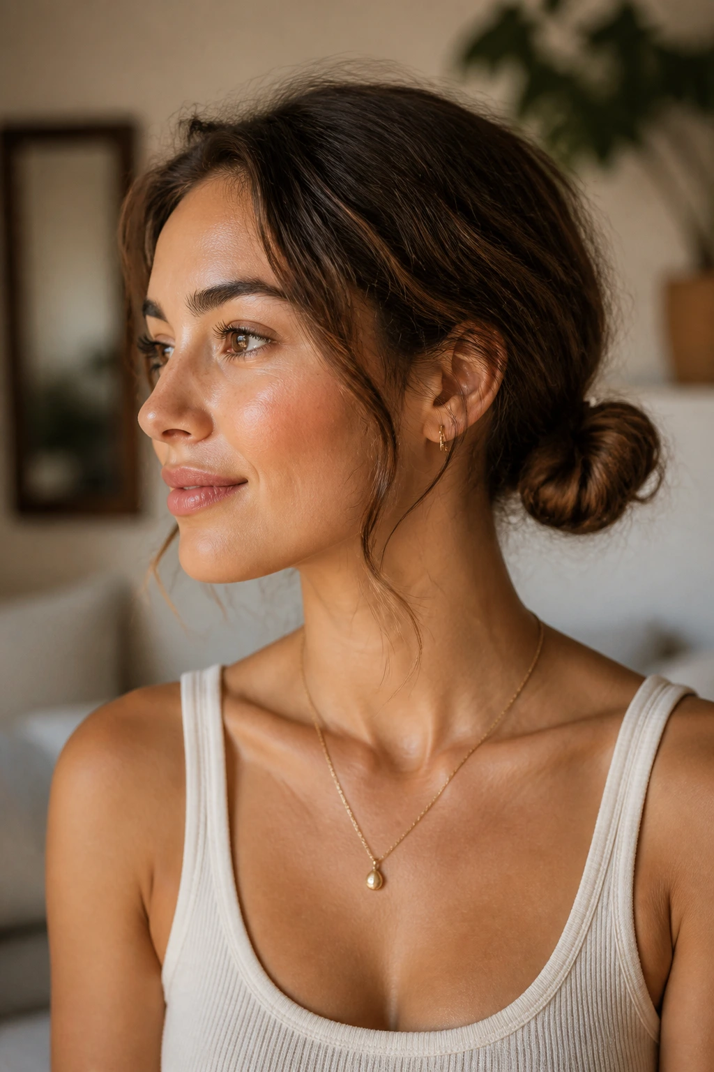 Close-up of a real woman with two small buns at the nape