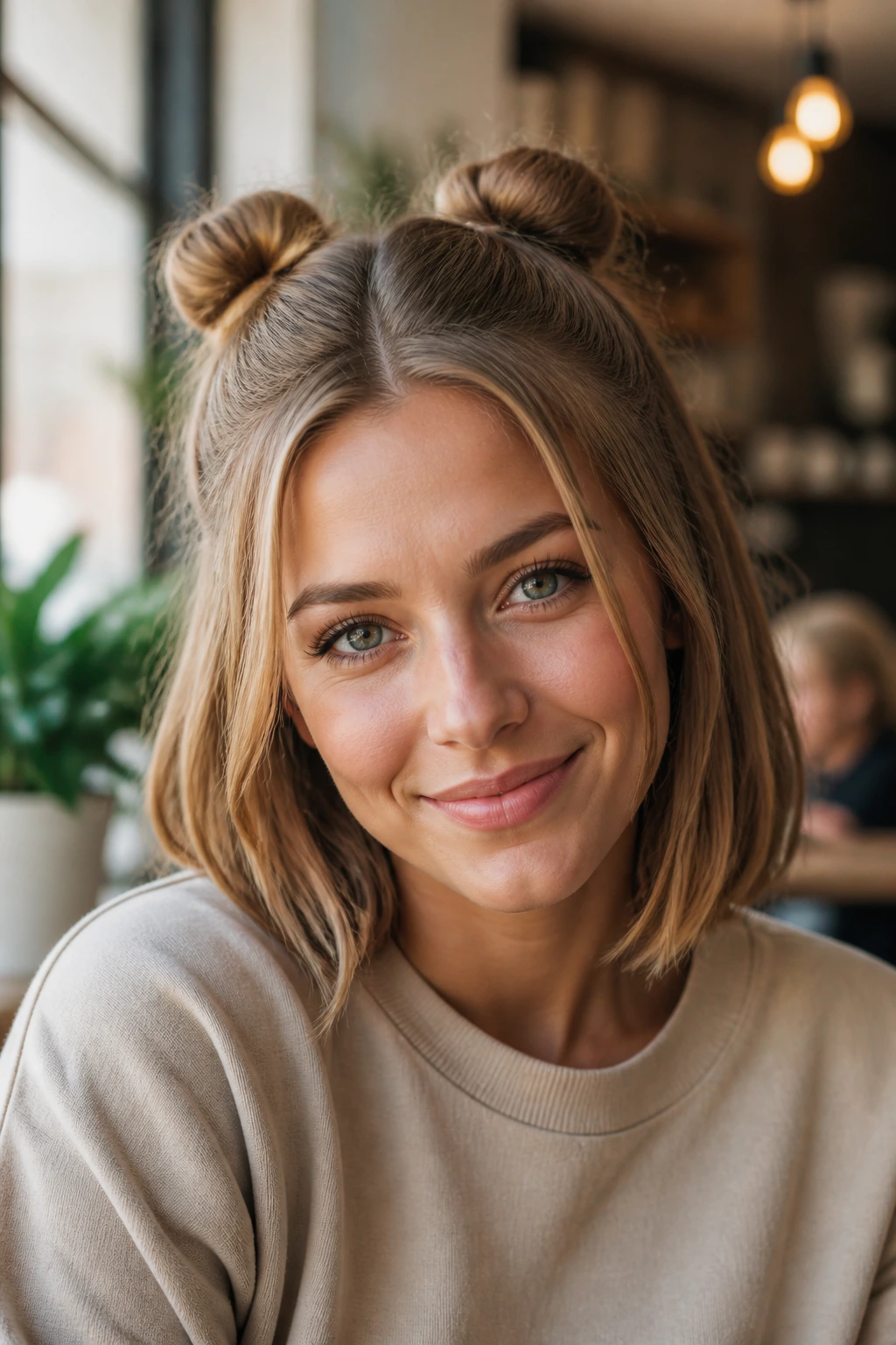 Close-up of a real woman with two mini buns on shoulder-length hair in a cafe setting