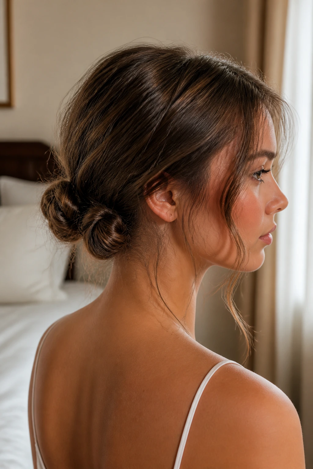 Close-up of a real woman with double mini buns and soft tendrils framing the face