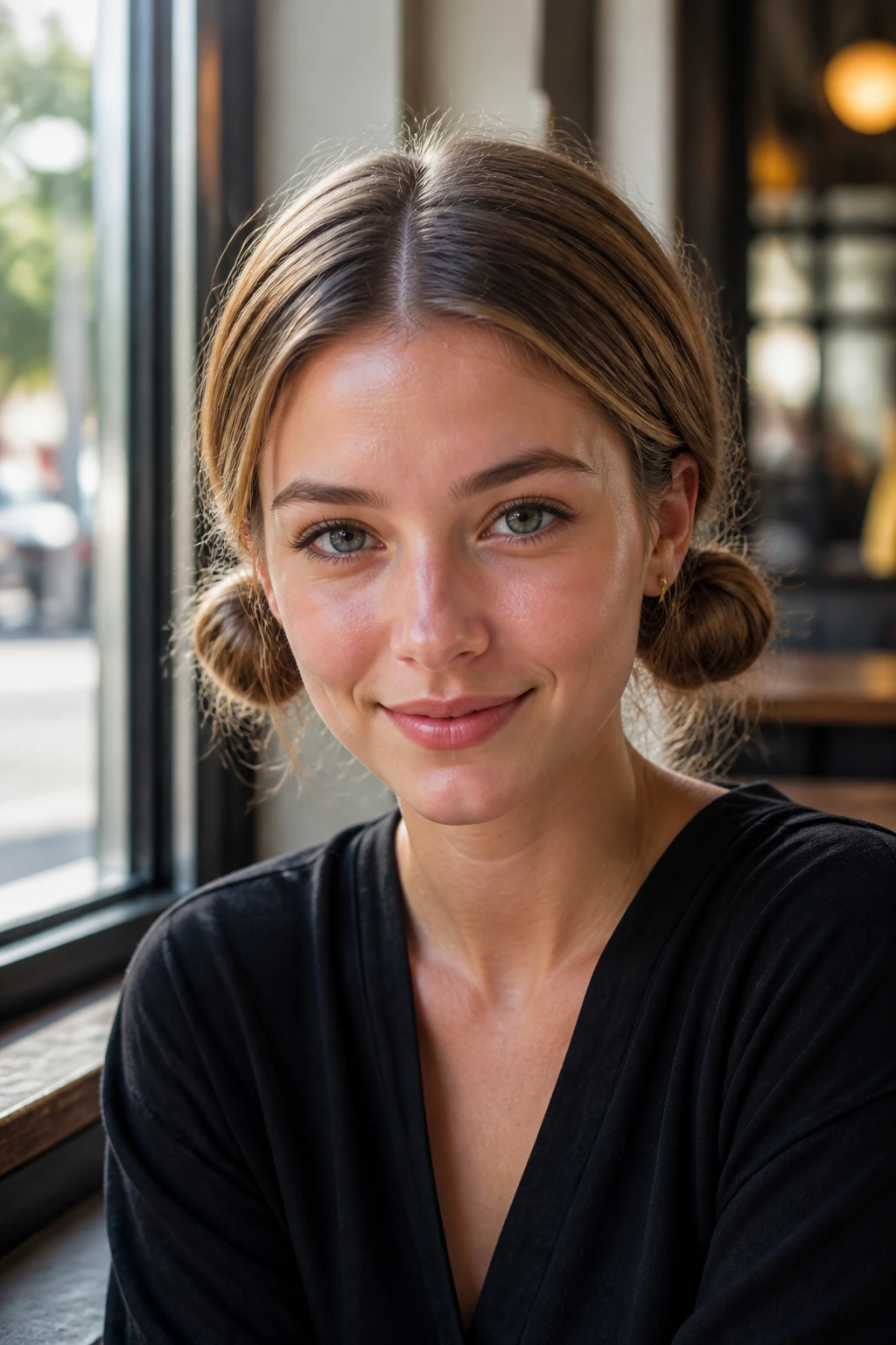 Portrait of a real woman with two small buns behind the ears