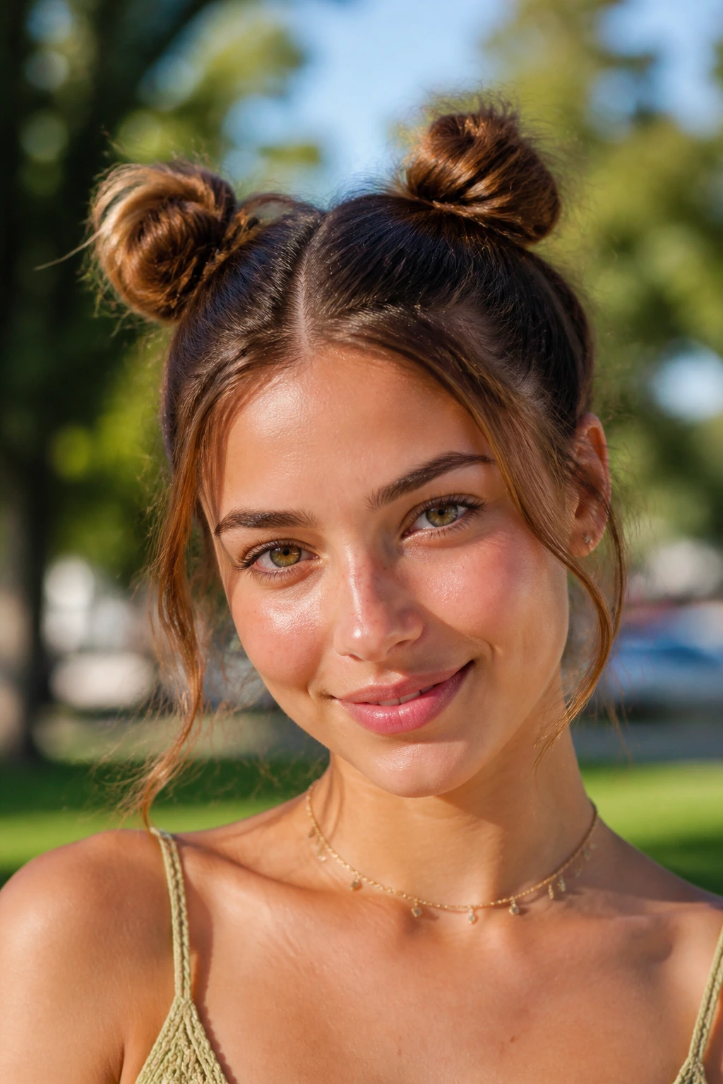Close-up of real person with two small buns near crown.