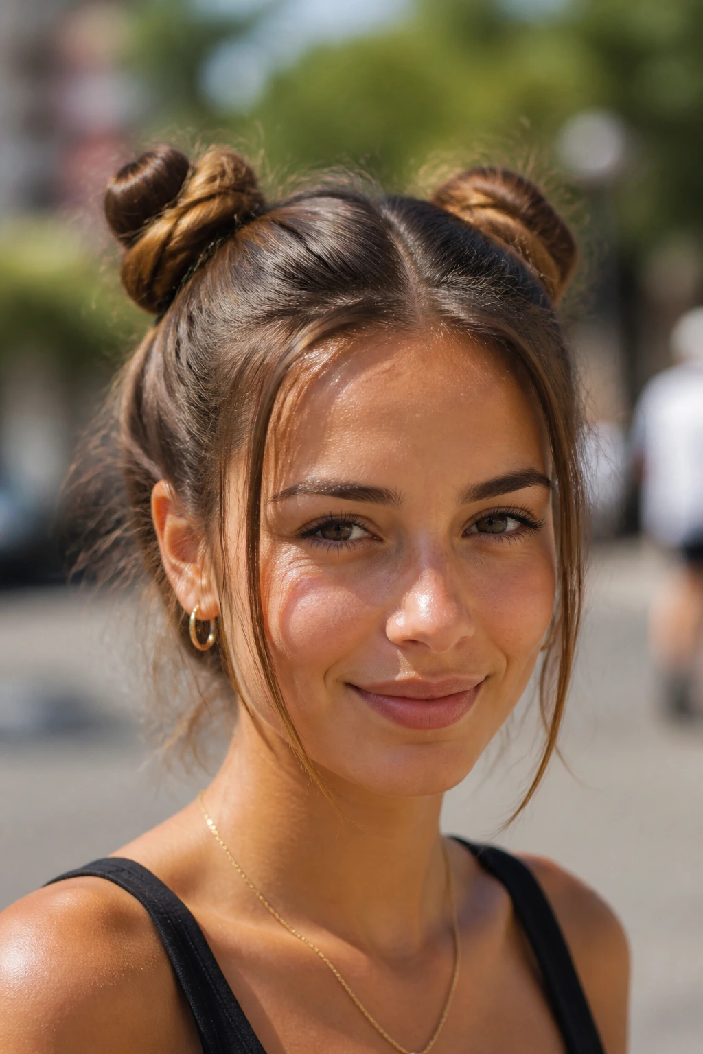 Close-up of a person with two small space buns on top of the head