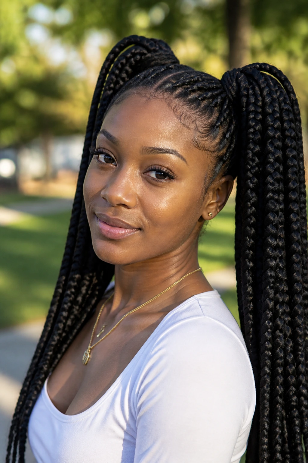 Woman with double-pony jumbo box braids in natural light