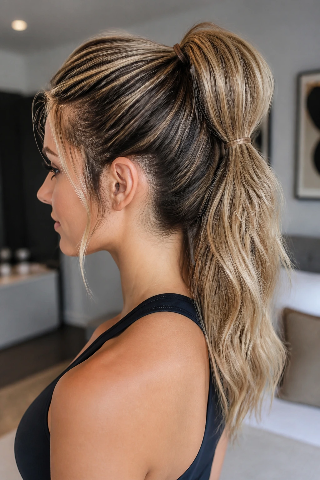 Close-up of a real woman with two stacked ponytails