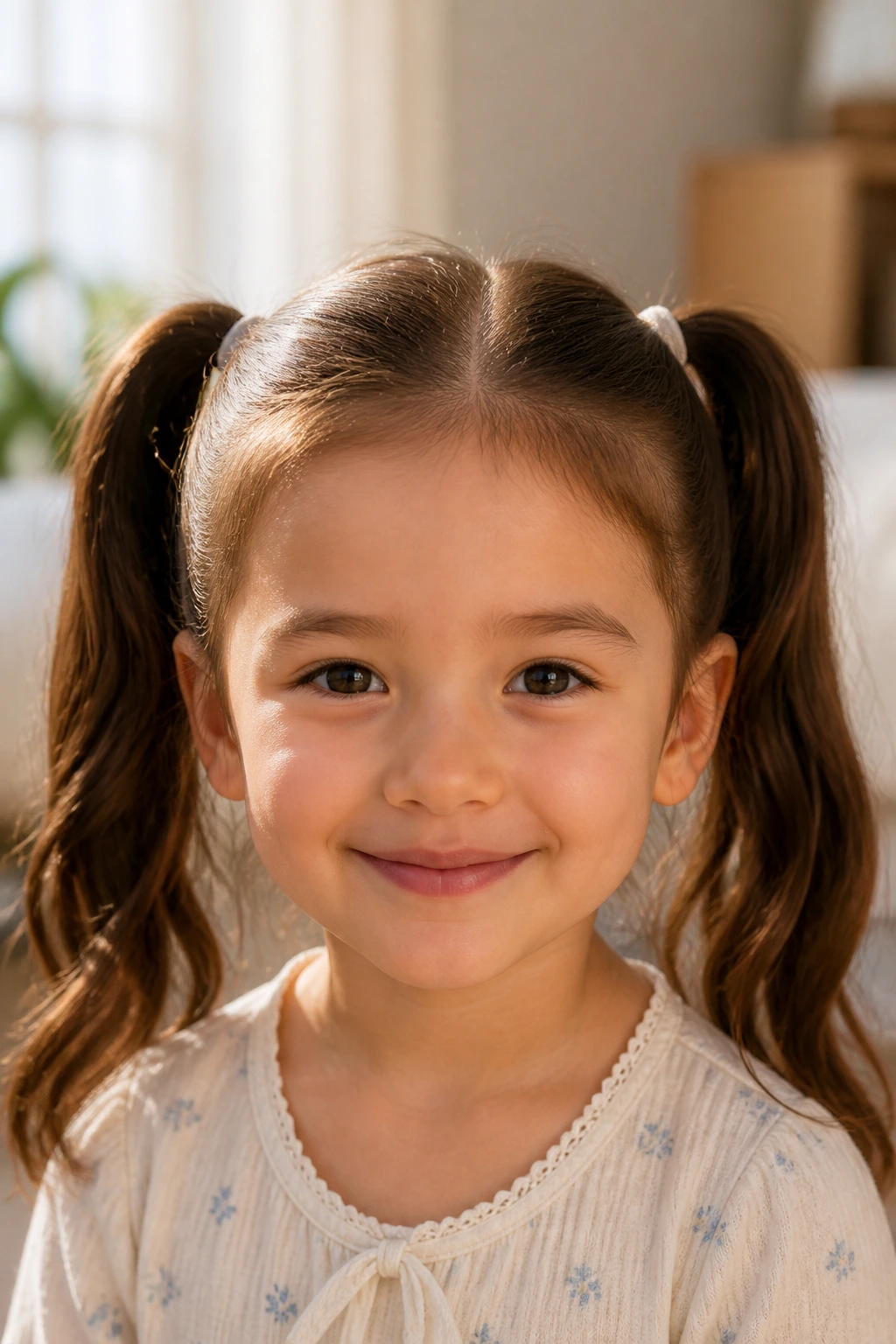 Close-up of a girl with two neat ponytails