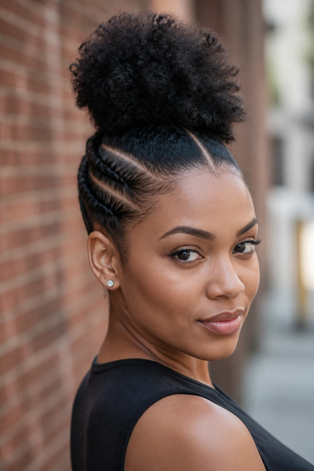 Close-up of a real person with a double puff frohawk and slicked sides.