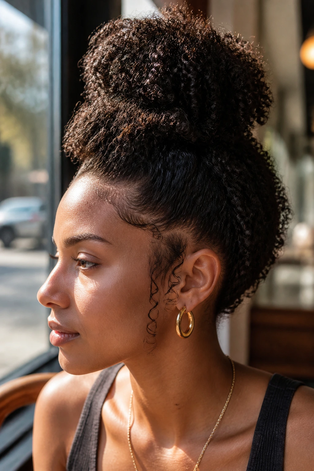 Close-up of real person with two stacked puffs forming a double puff curly hawk