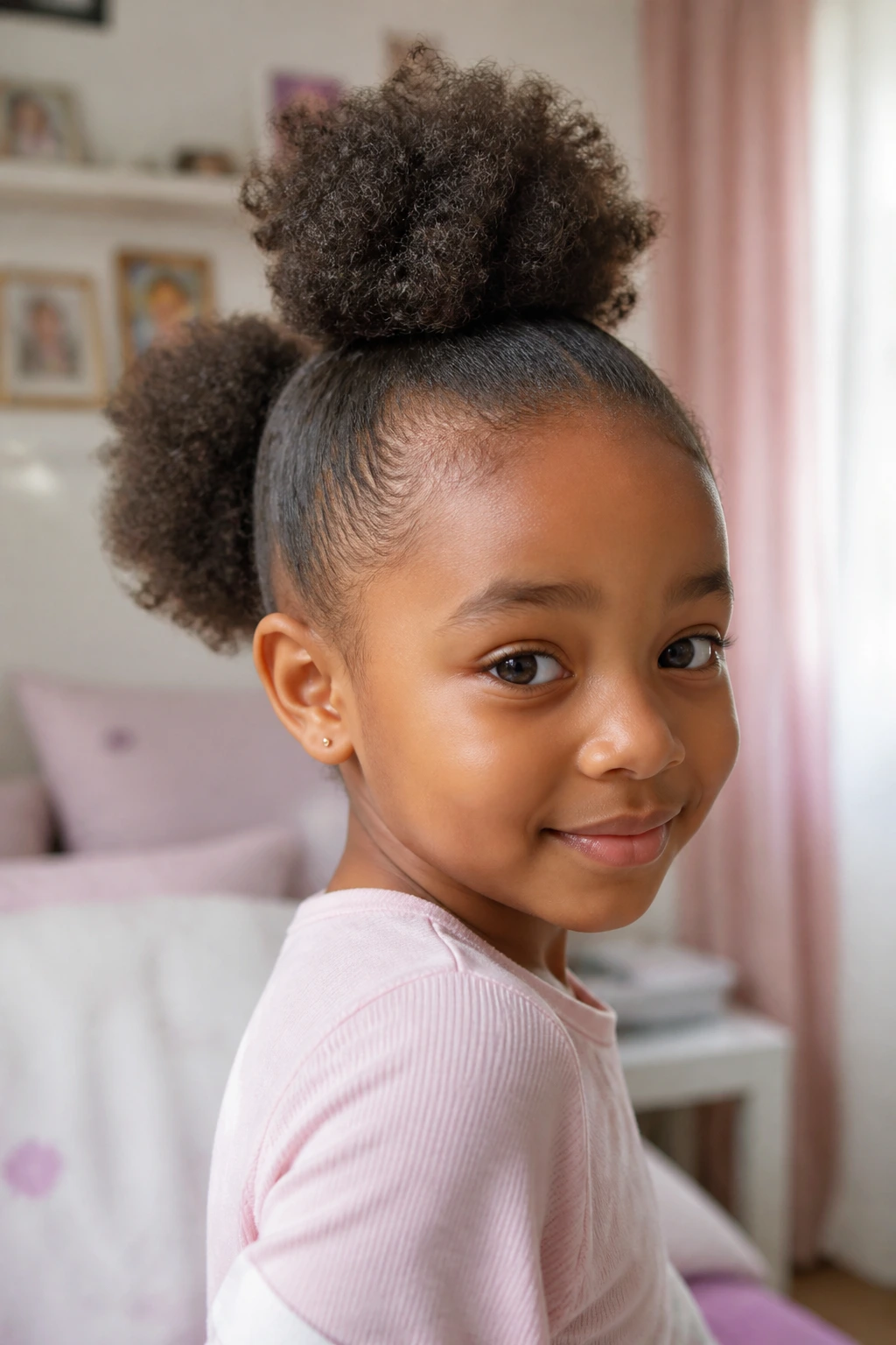 Close-up of a real girl with a double puff mohawk.