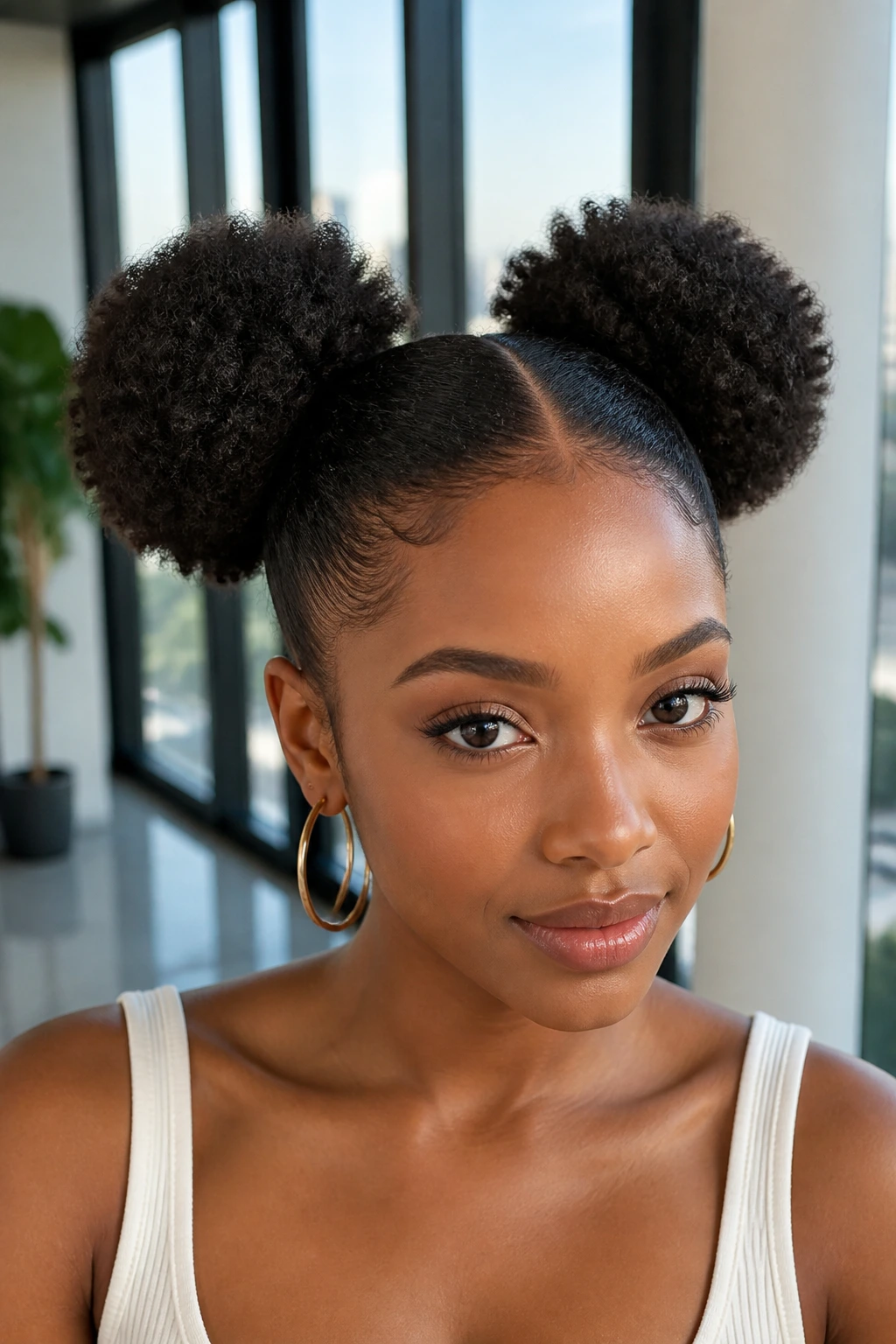 Front portrait of a real woman with two puffs on opposite sides of the head.