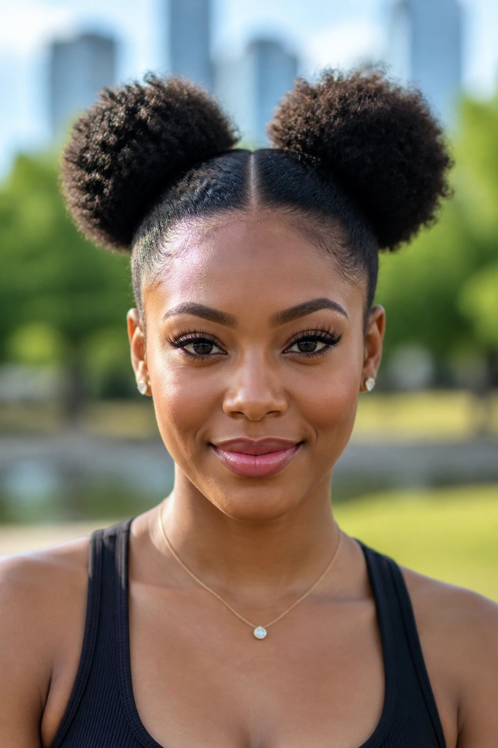 Close-up of a real woman with two space buns above ears
