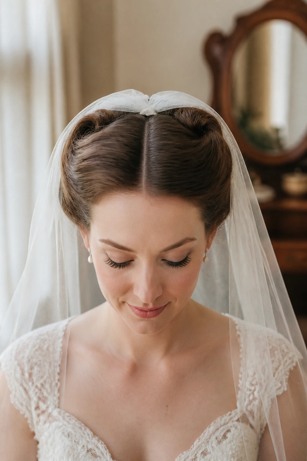 Close-up of bride with double roll updo and center veil