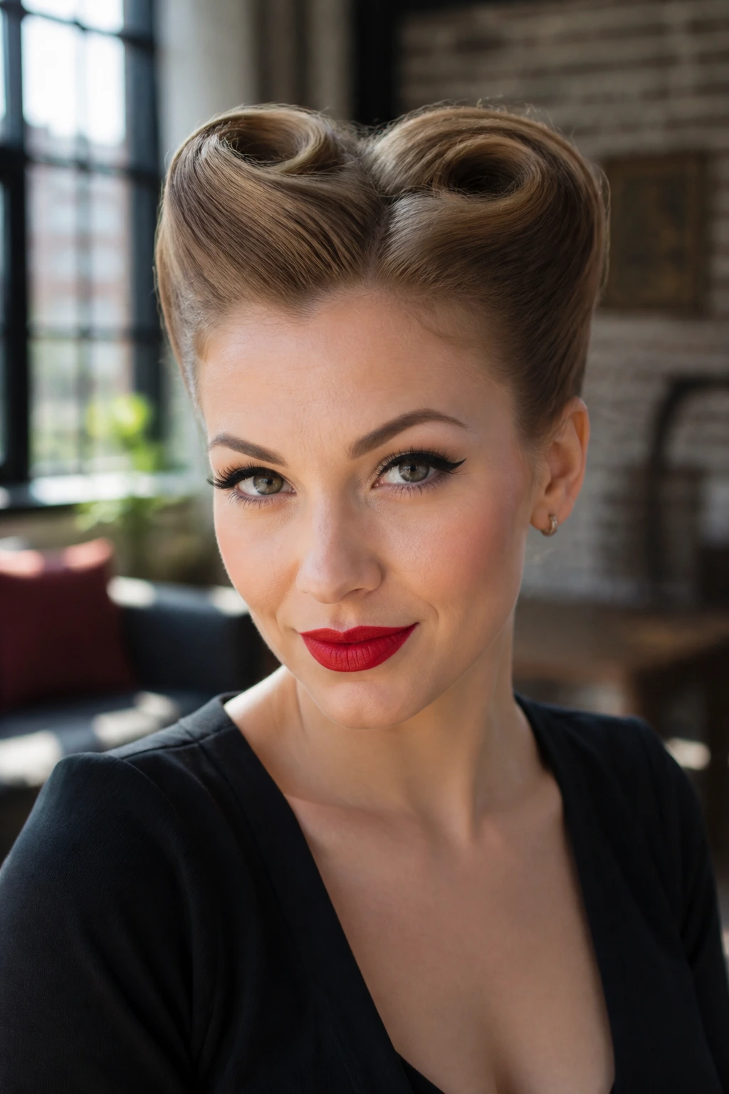 Close-up portrait of a real woman with a double roll updo in a sunny loft.