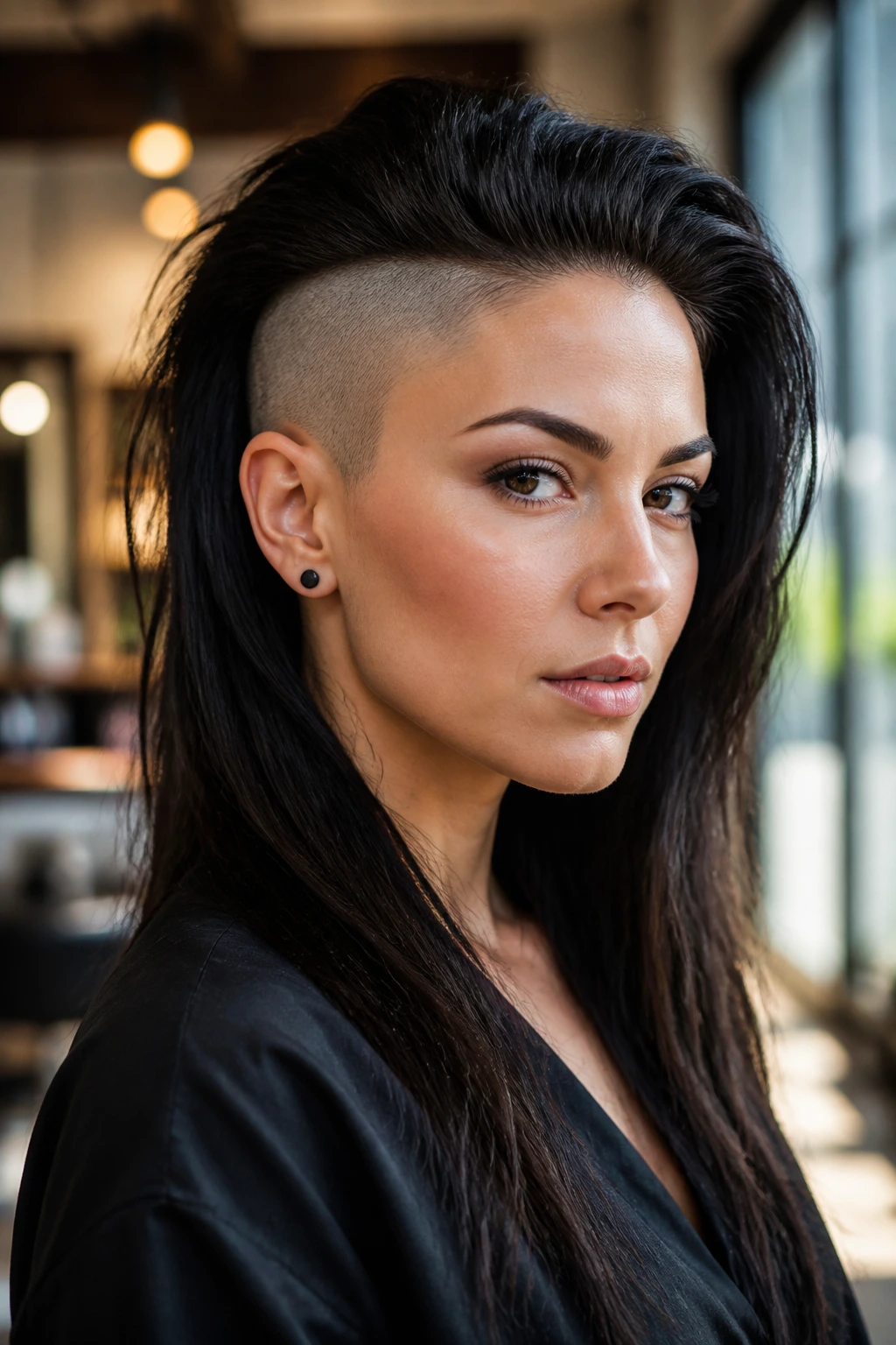 Close-up portrait of a real woman with double side undercut and long top hair