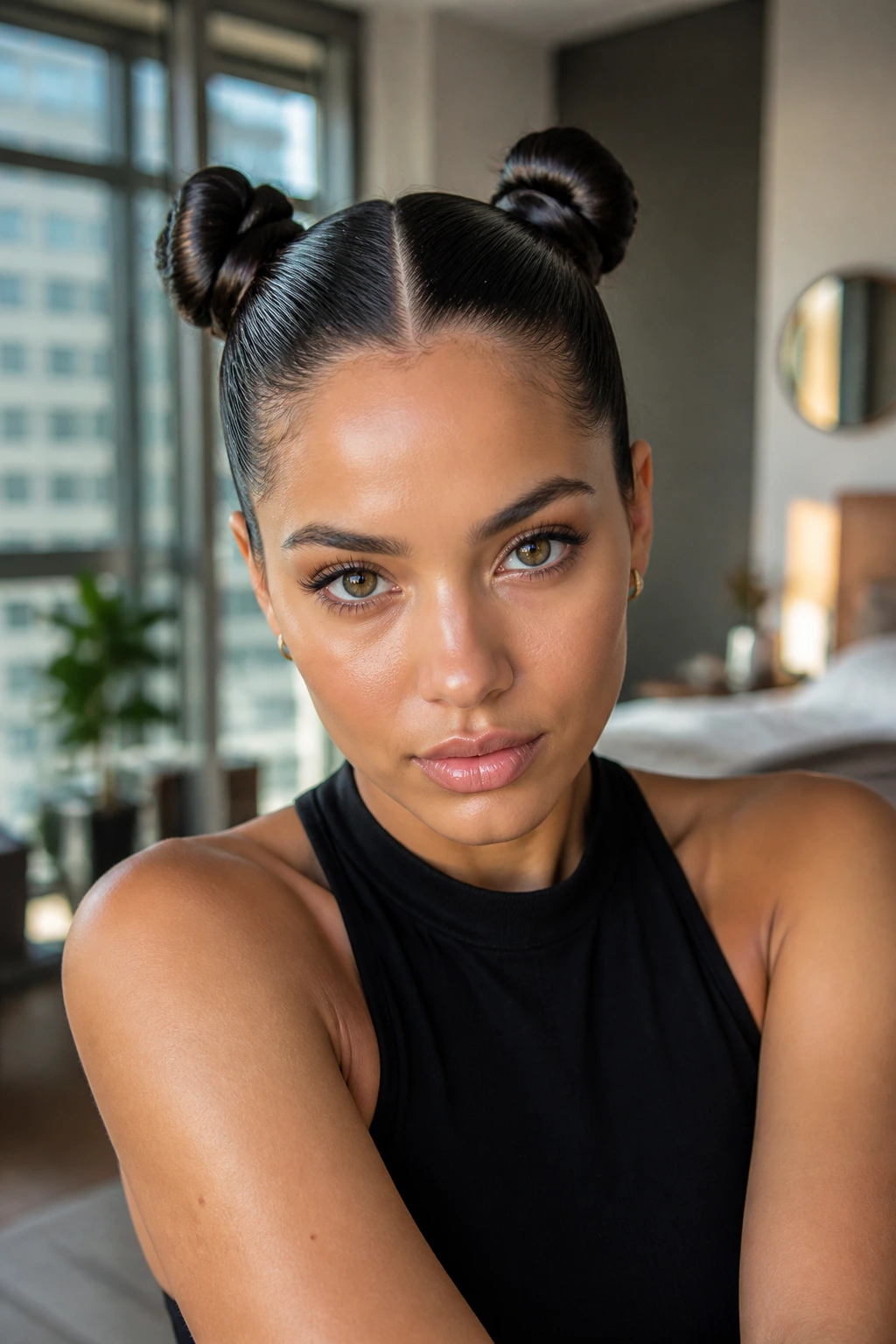 Close-up of a real woman's double slick buns hairstyle