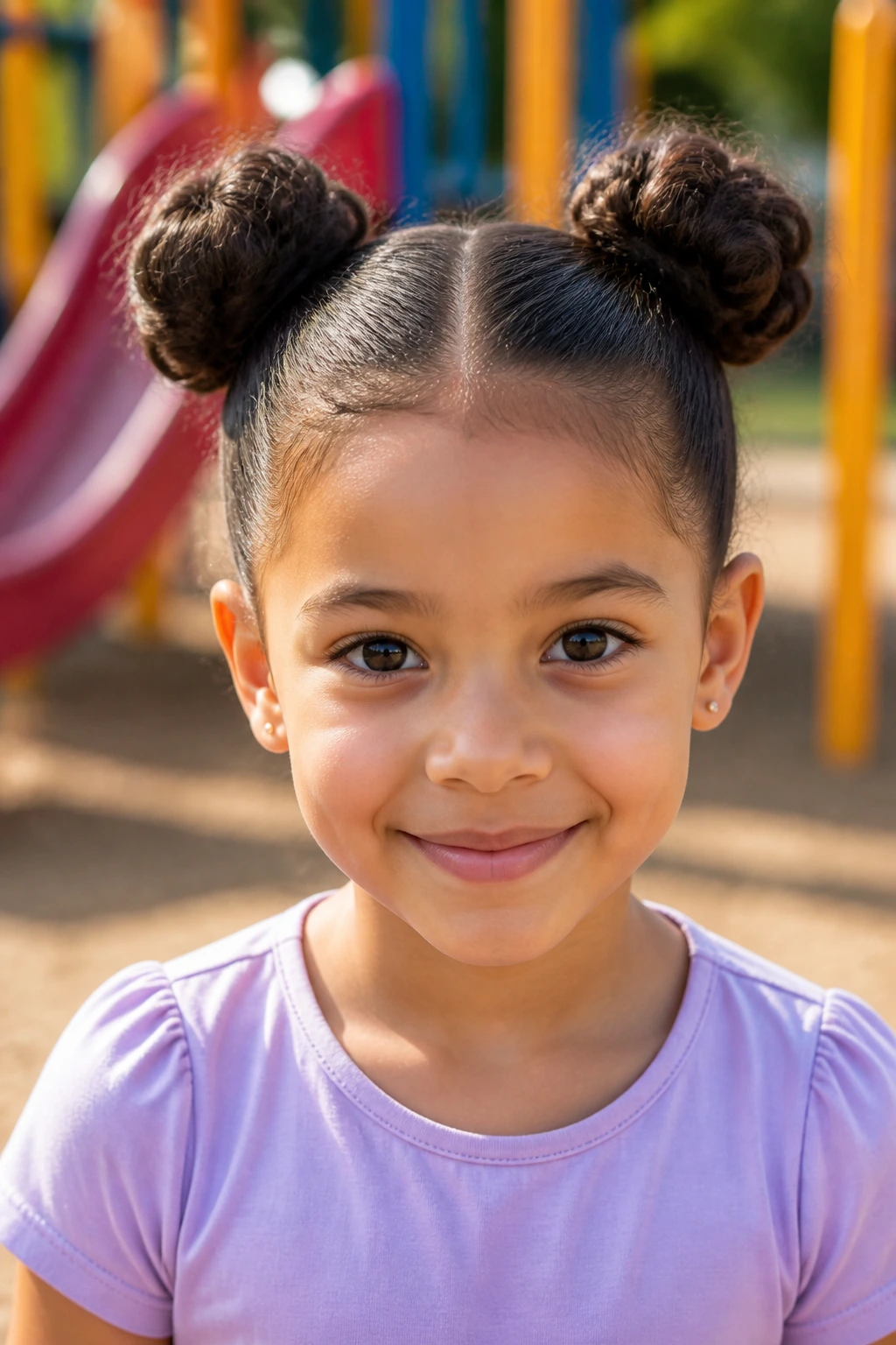Front portrait of a real child with two symmetrical space buns