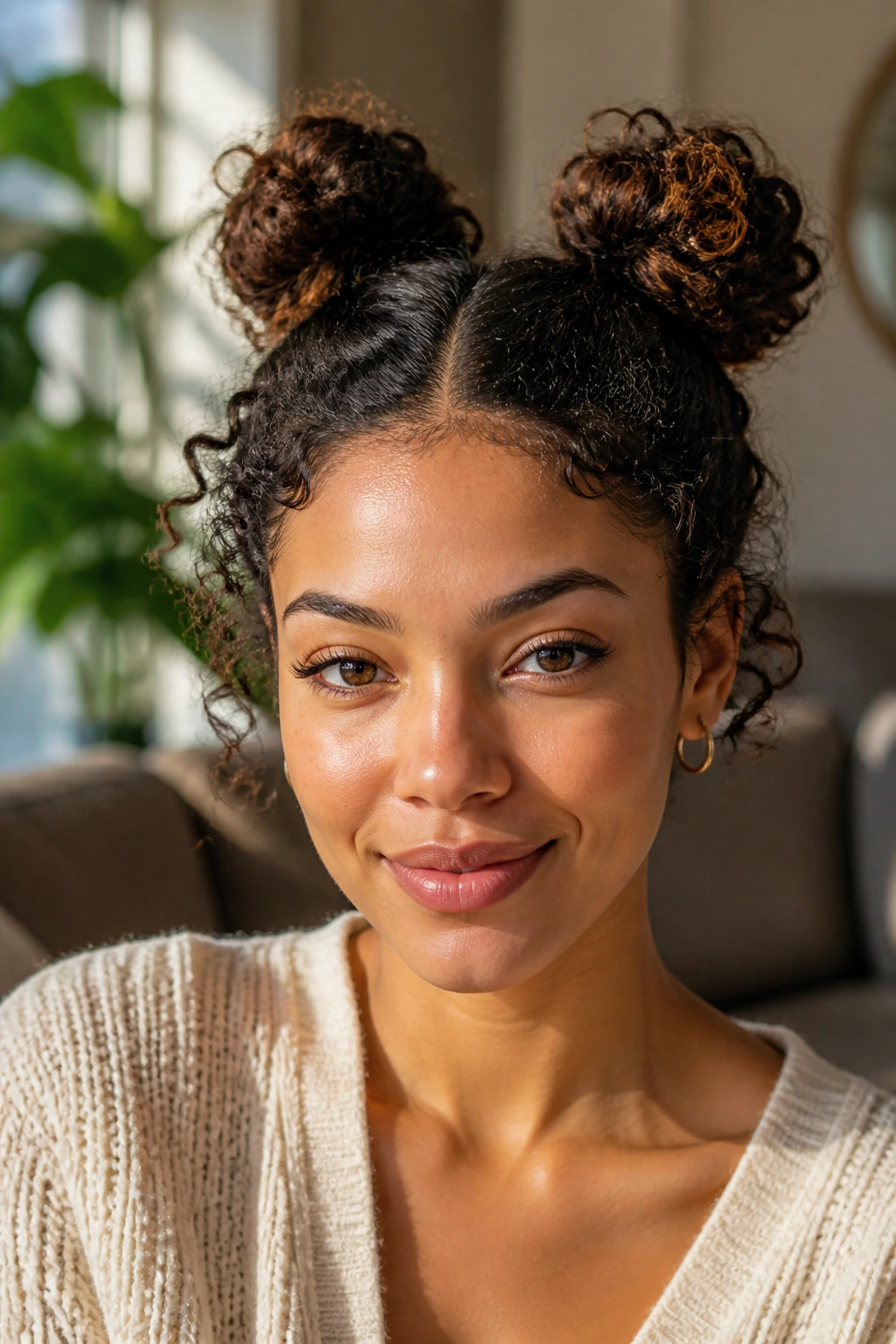 Close-up portrait of a real woman with two small high buns in short curly hair, natural window light.