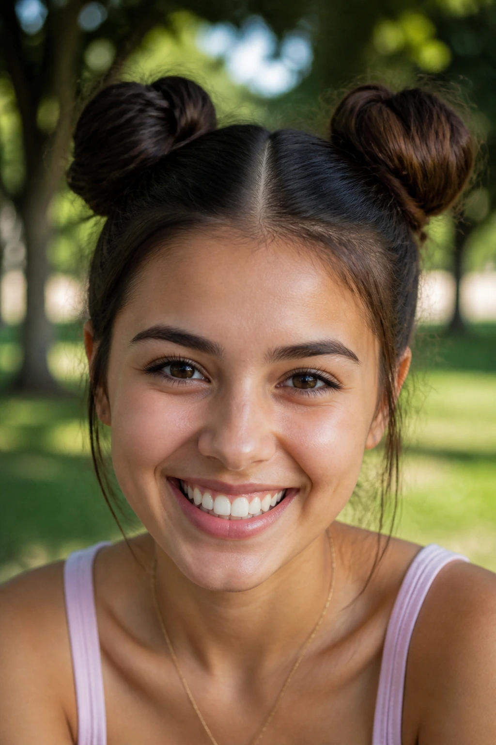 Close-up of a real person with two space buns on top of the head, outdoors in daylight