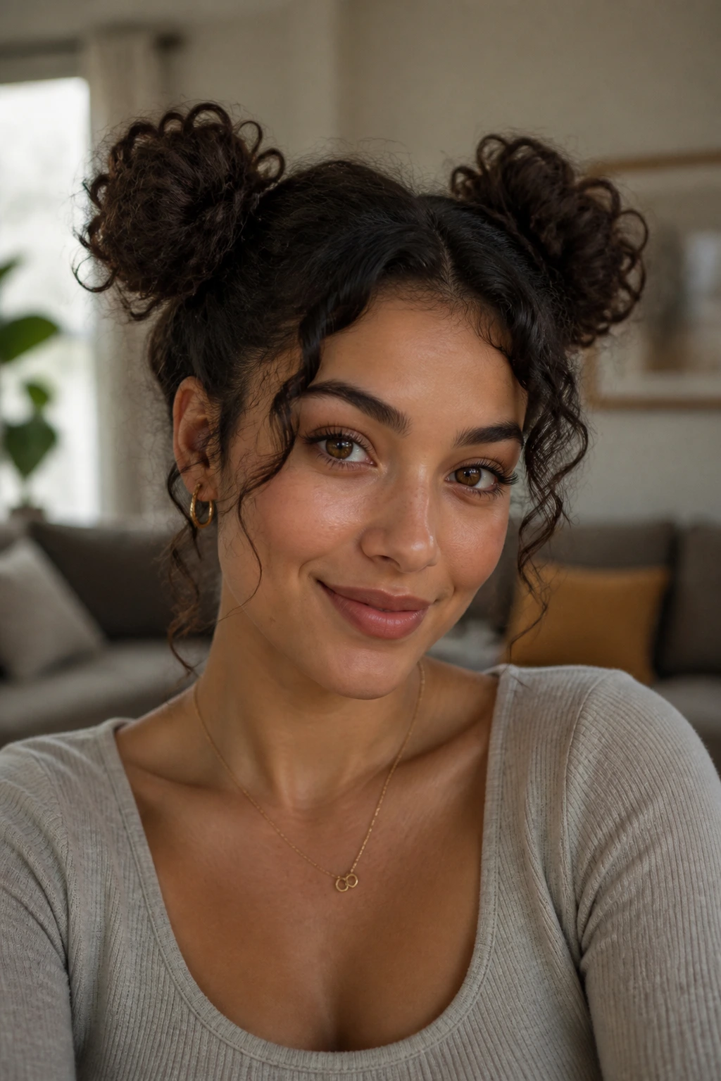 Portrait of a real woman with double space buns hairstyle