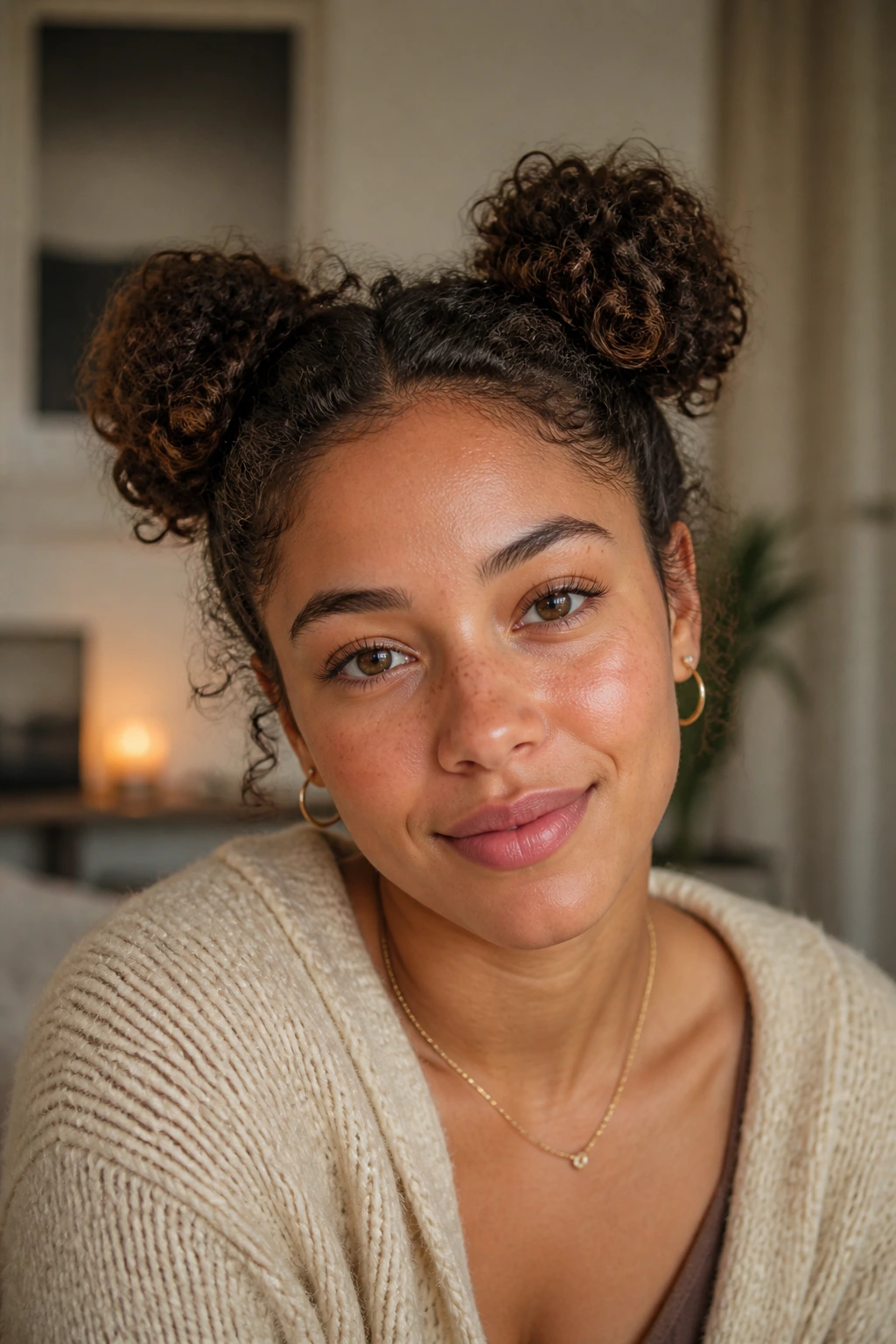 Close-up of a real woman with two space buns for short curls