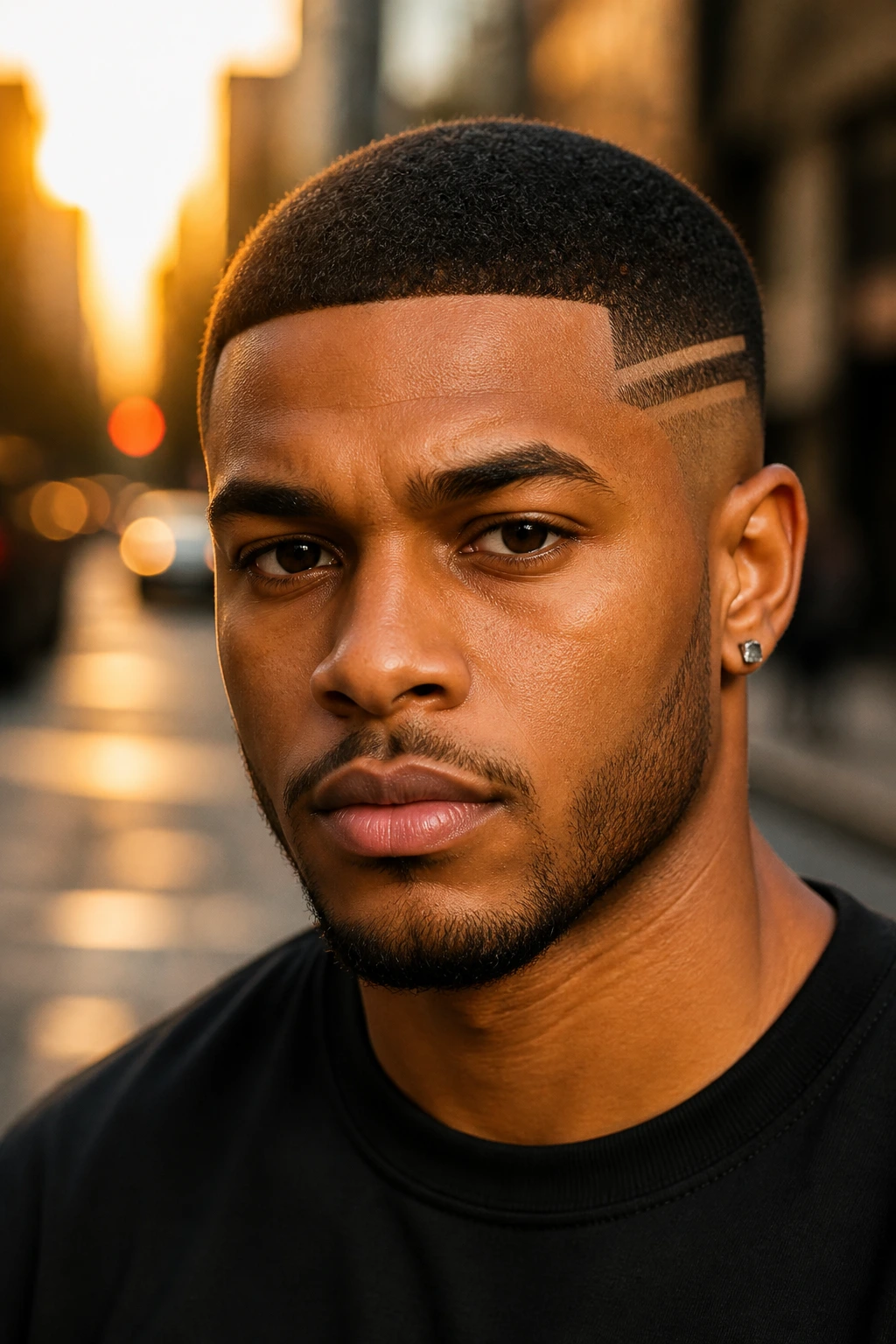 Close-up portrait of a real Black man with two striped lines on a buzz cut in an urban setting.