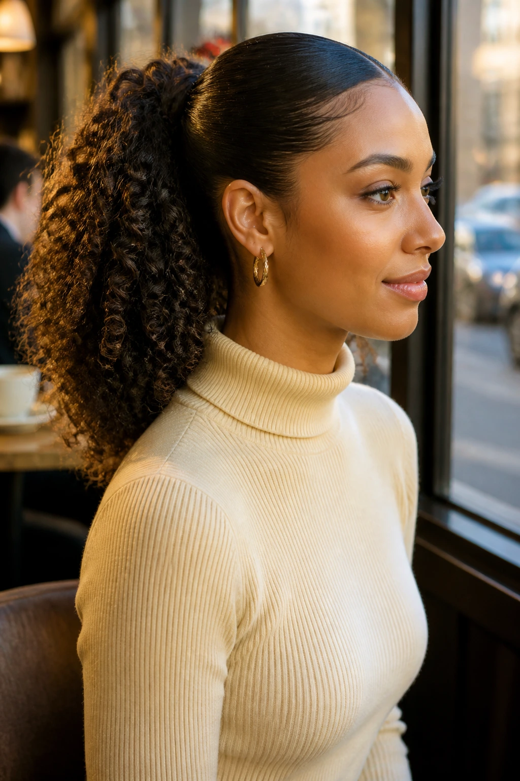 Close-up of a real woman with a double-texture ponytail showing smooth crown and curly tail