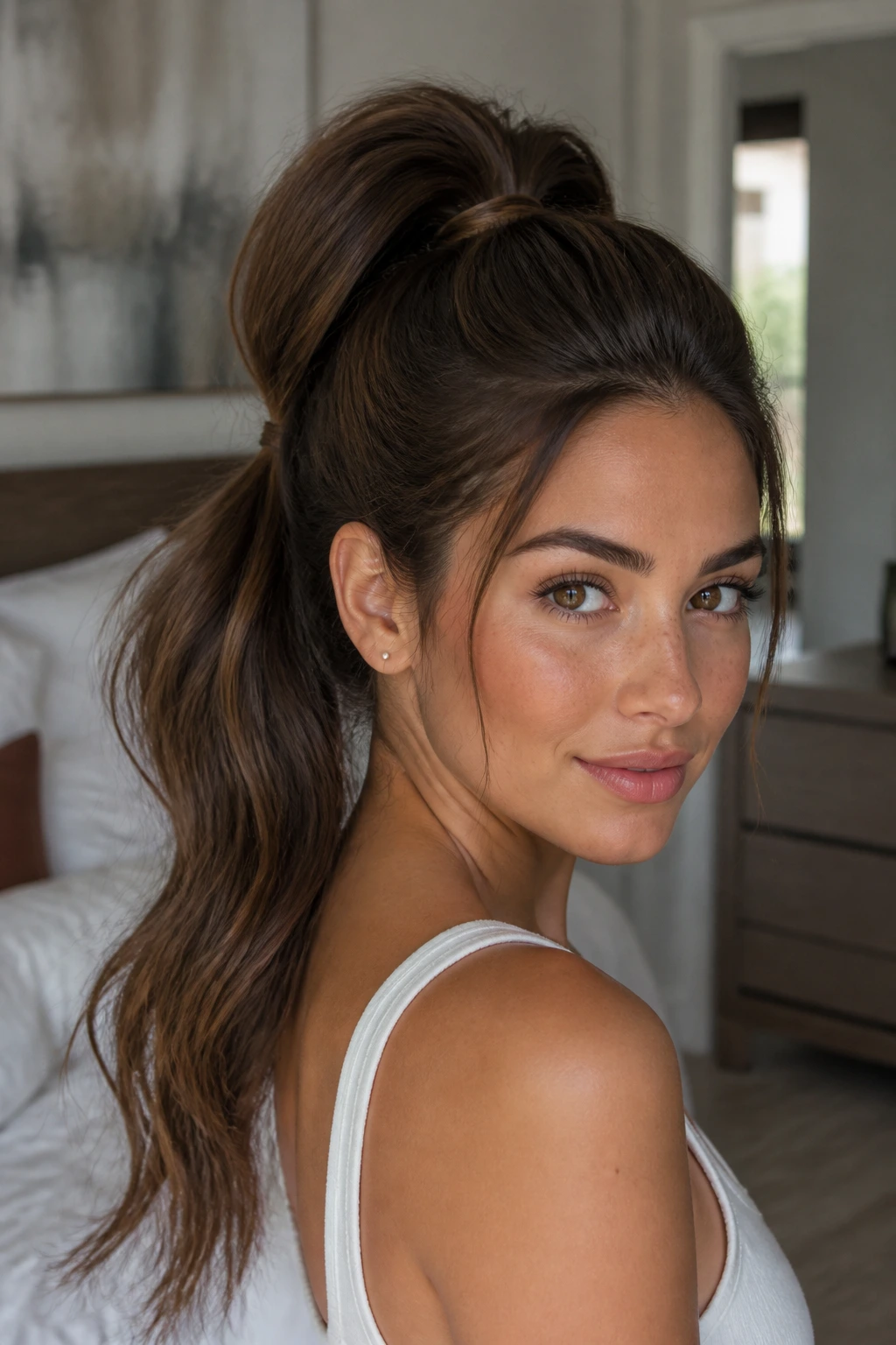 Medium close-up of a woman with a double-tier ponytail in natural daylight