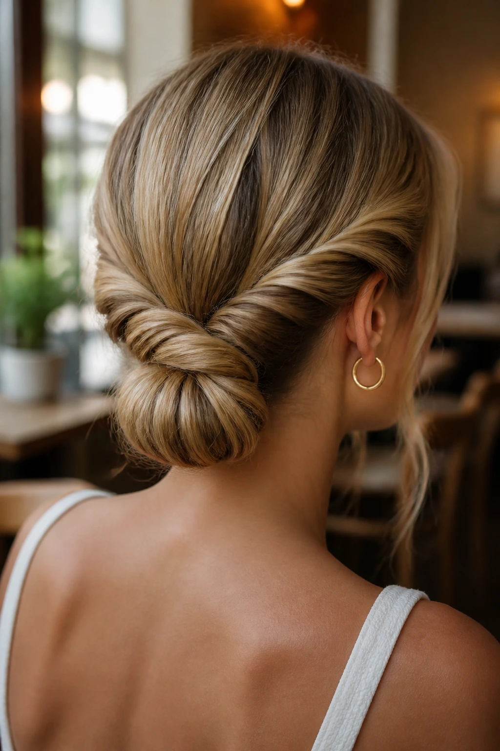 Close-up portrait of a real woman with a double-twist low bun at the nape