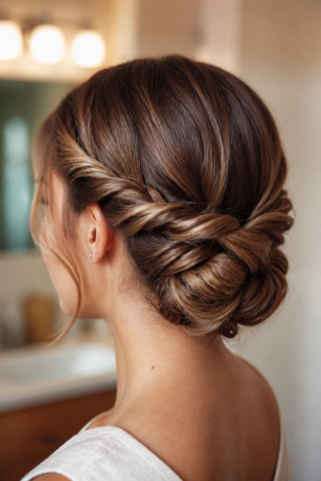 Close-up of a real woman with two inward twists forming a low bun