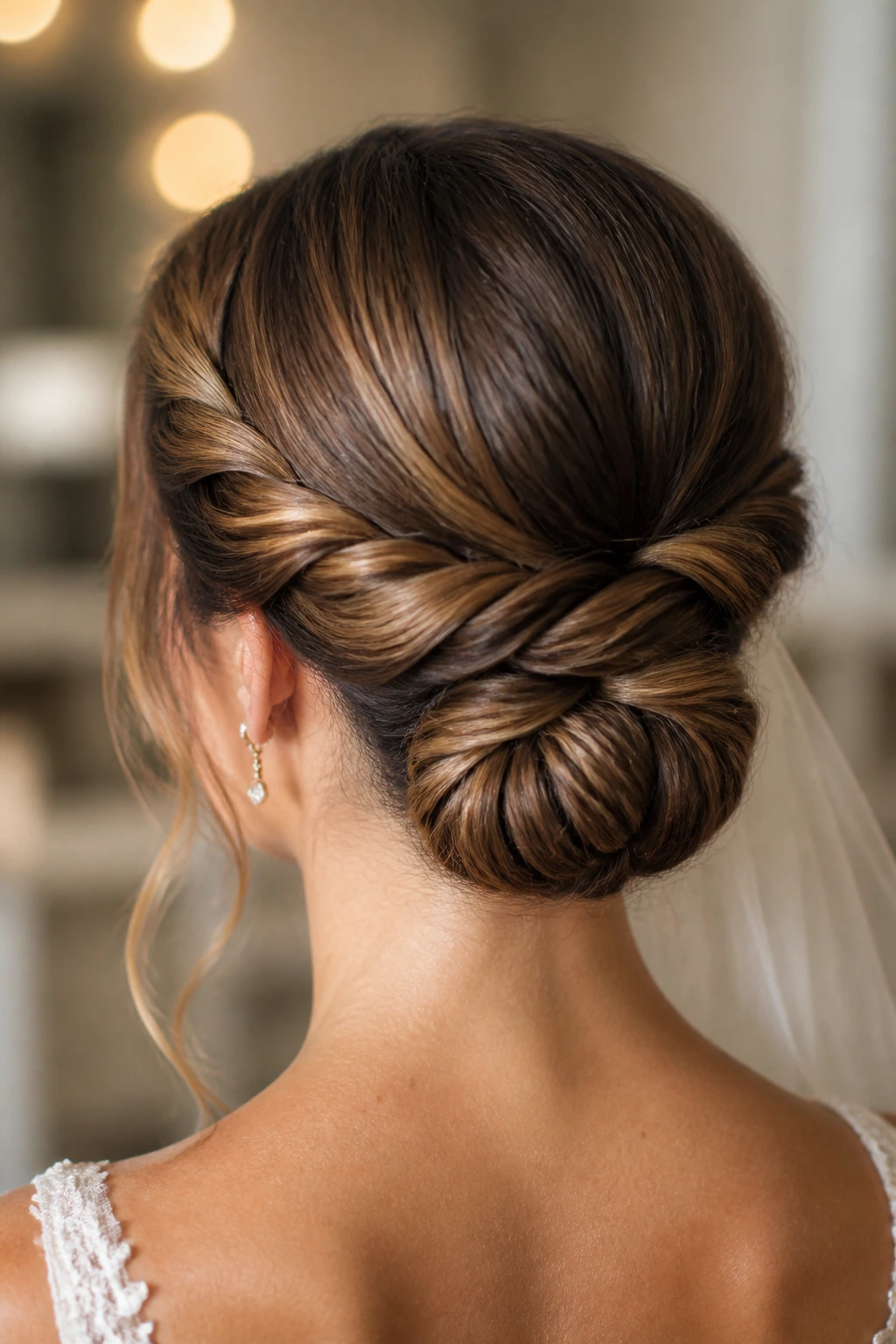 Back view of bride showing two twists joining into a low bun at the nape