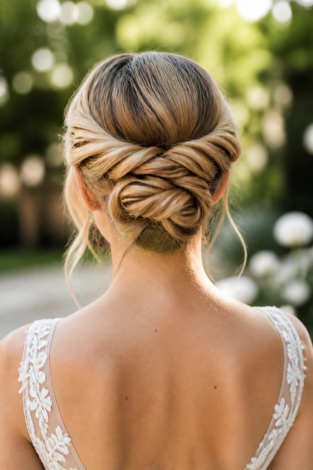 Back-of-head close-up of a real bride showing a two-twist bun with movement