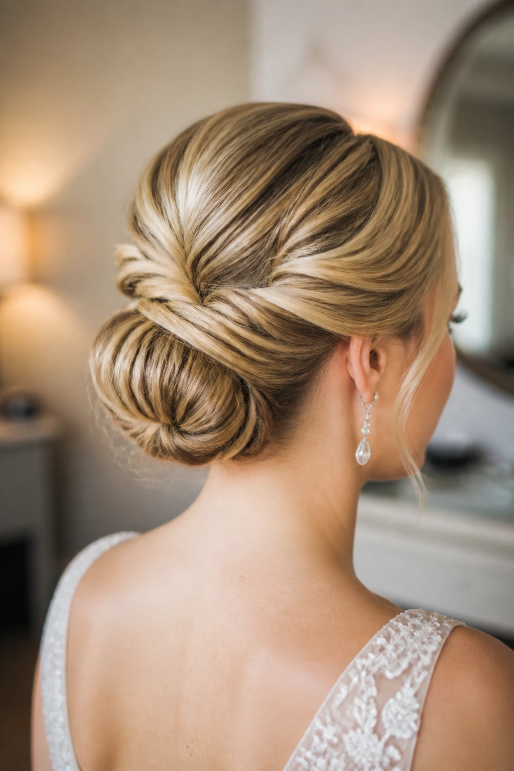 Bride with double-twist bun in warm bridal setting