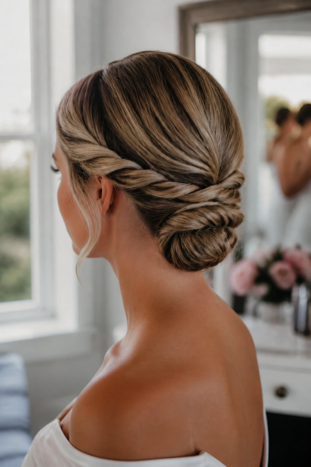 Close-up of a real woman with a double-twist low bun under soft window light