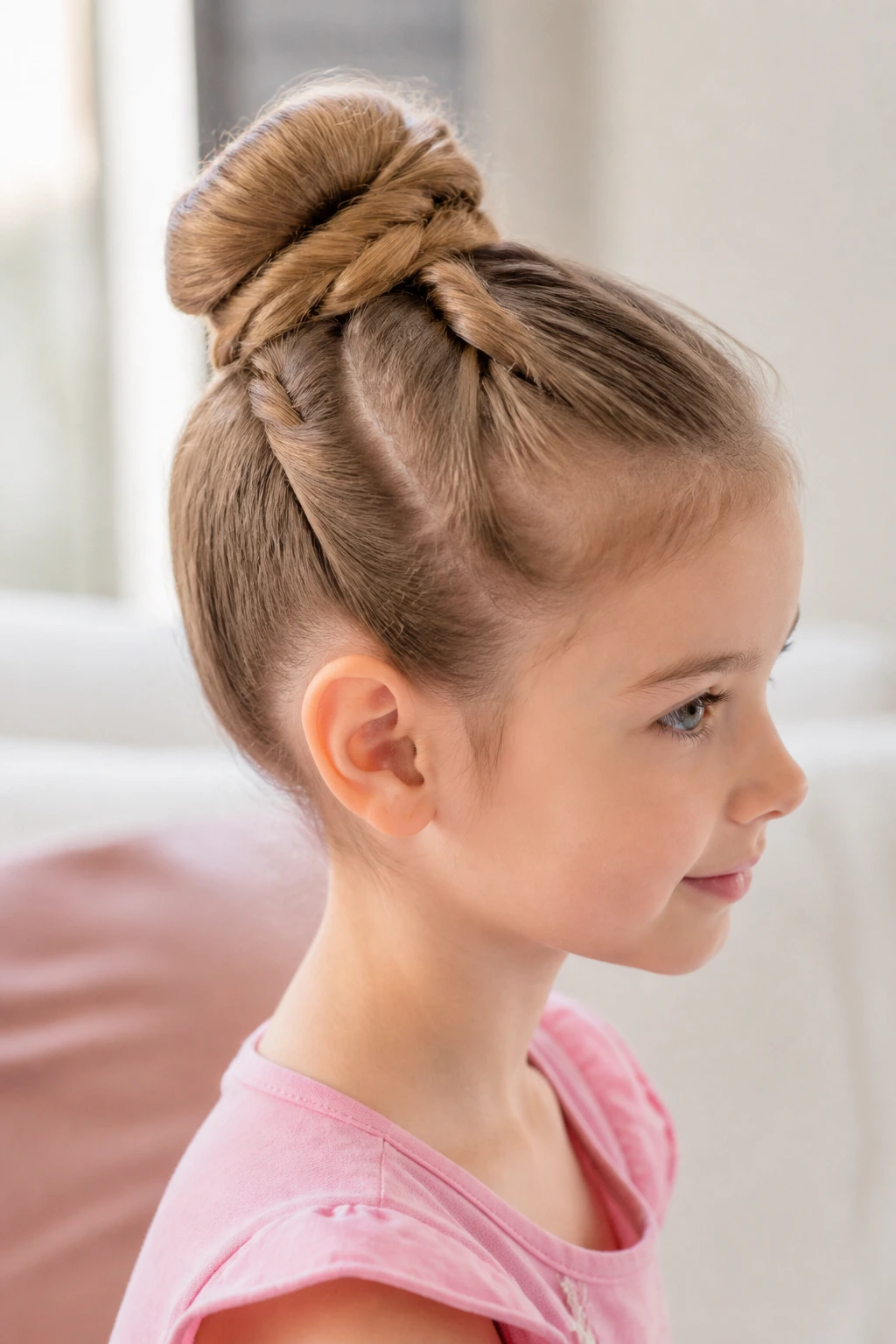Profile view of a real girl's head with two rope twists forming a bun