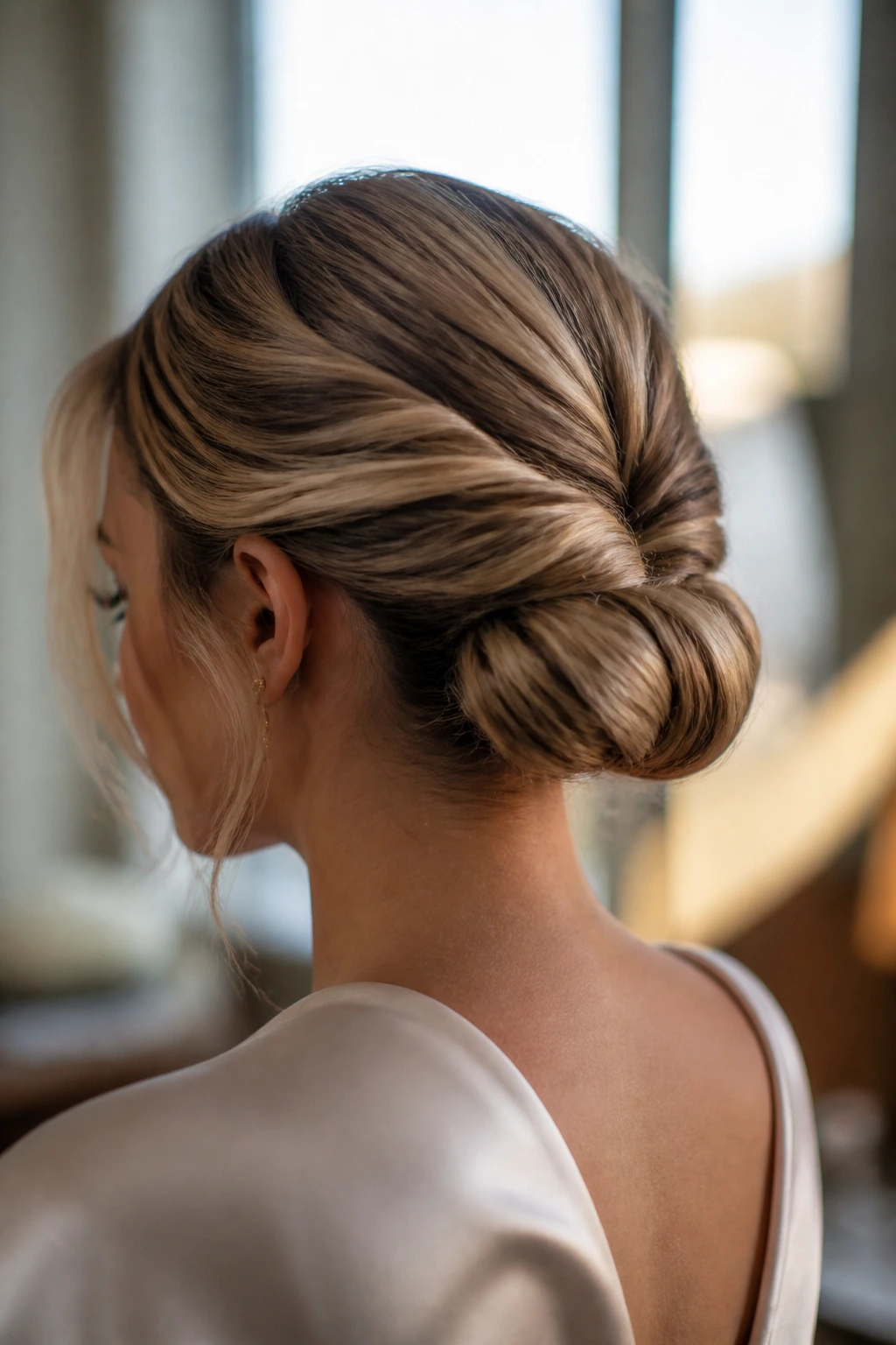 Close-up of a real woman's head with a double-twist bun and back seam