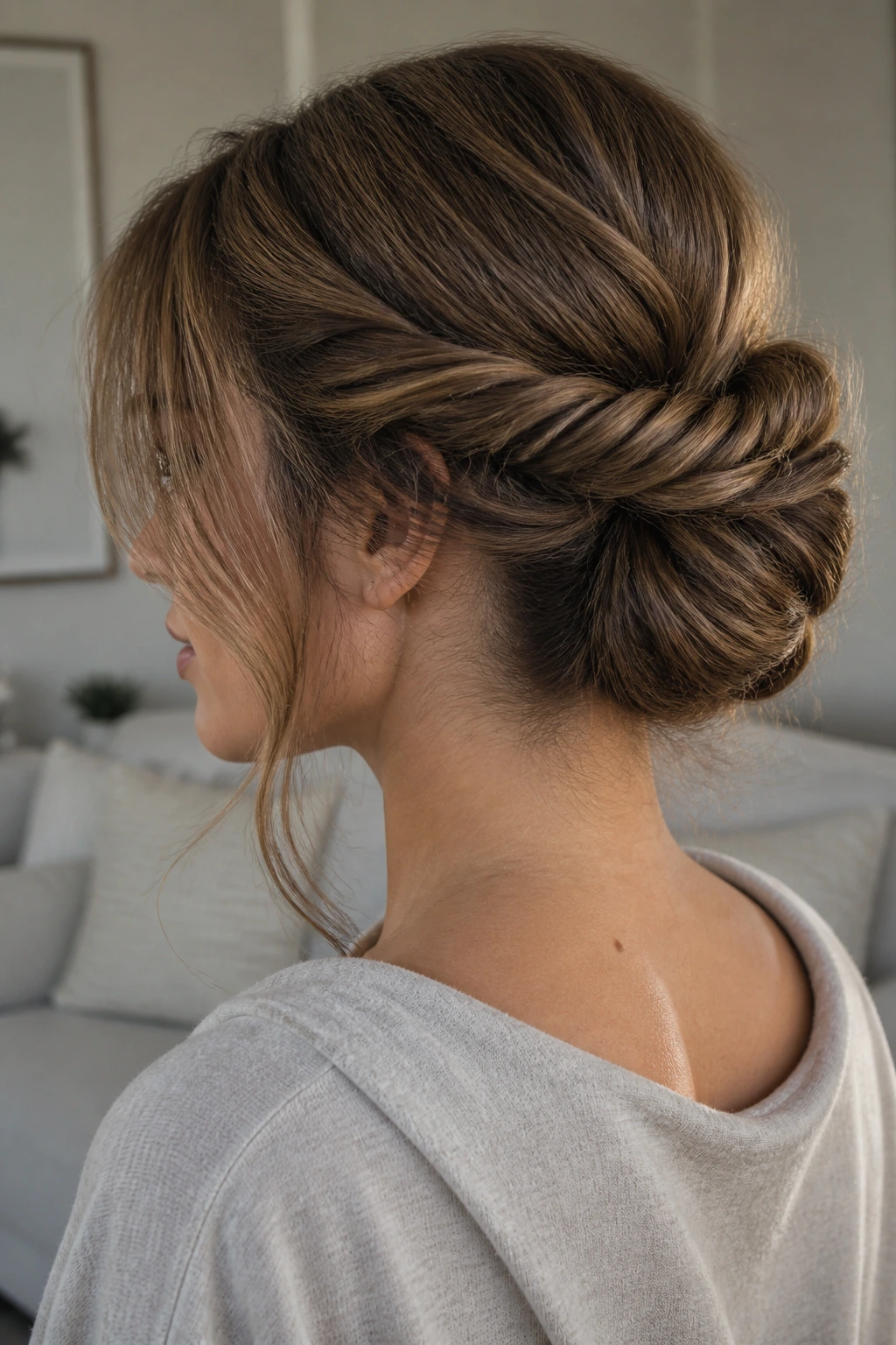 Real person profile showing a double-twist bun at the back.