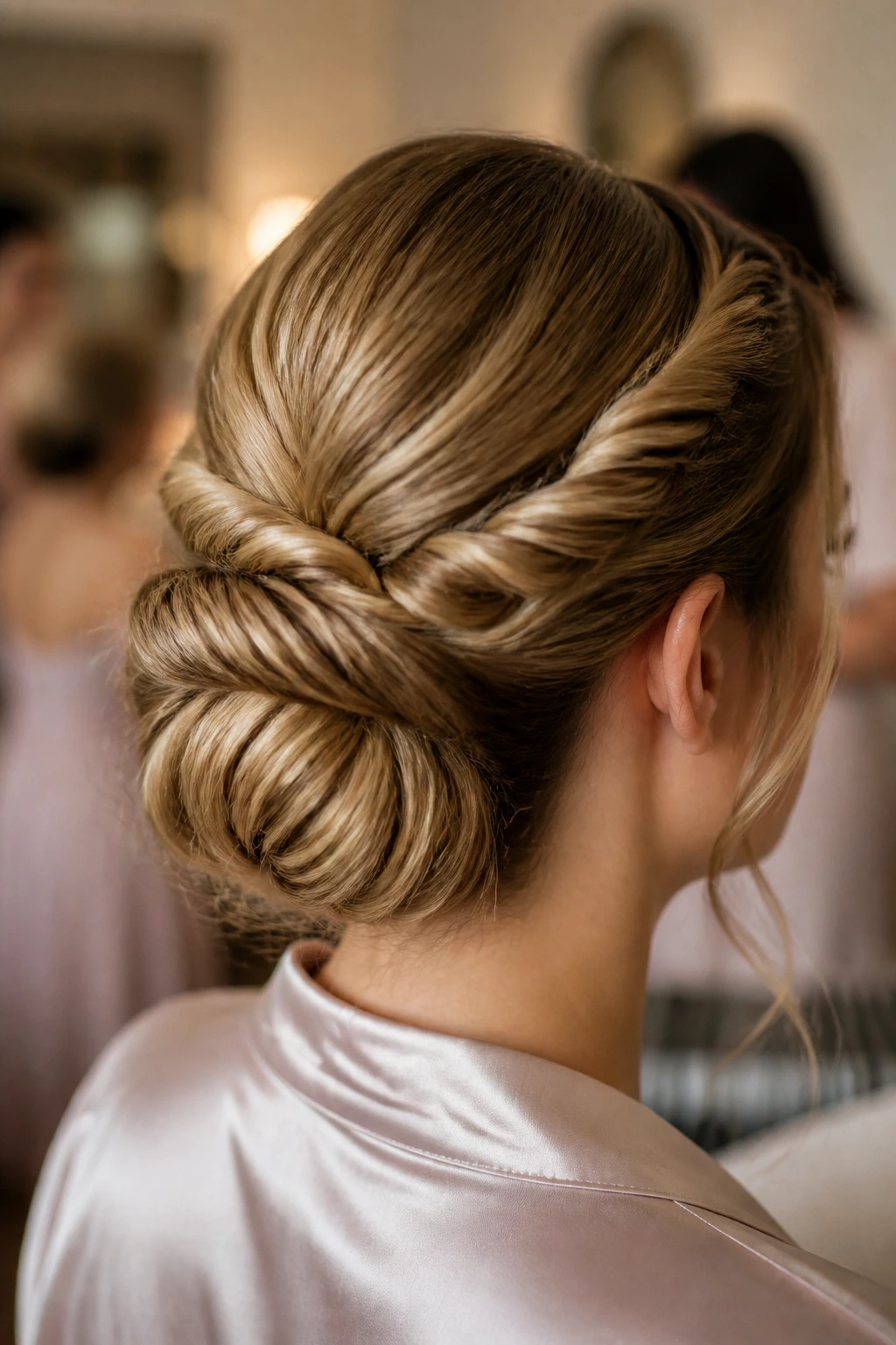 Close-up of a real woman with a double-twist bun formed by two rope twists at the back, backstage lighting