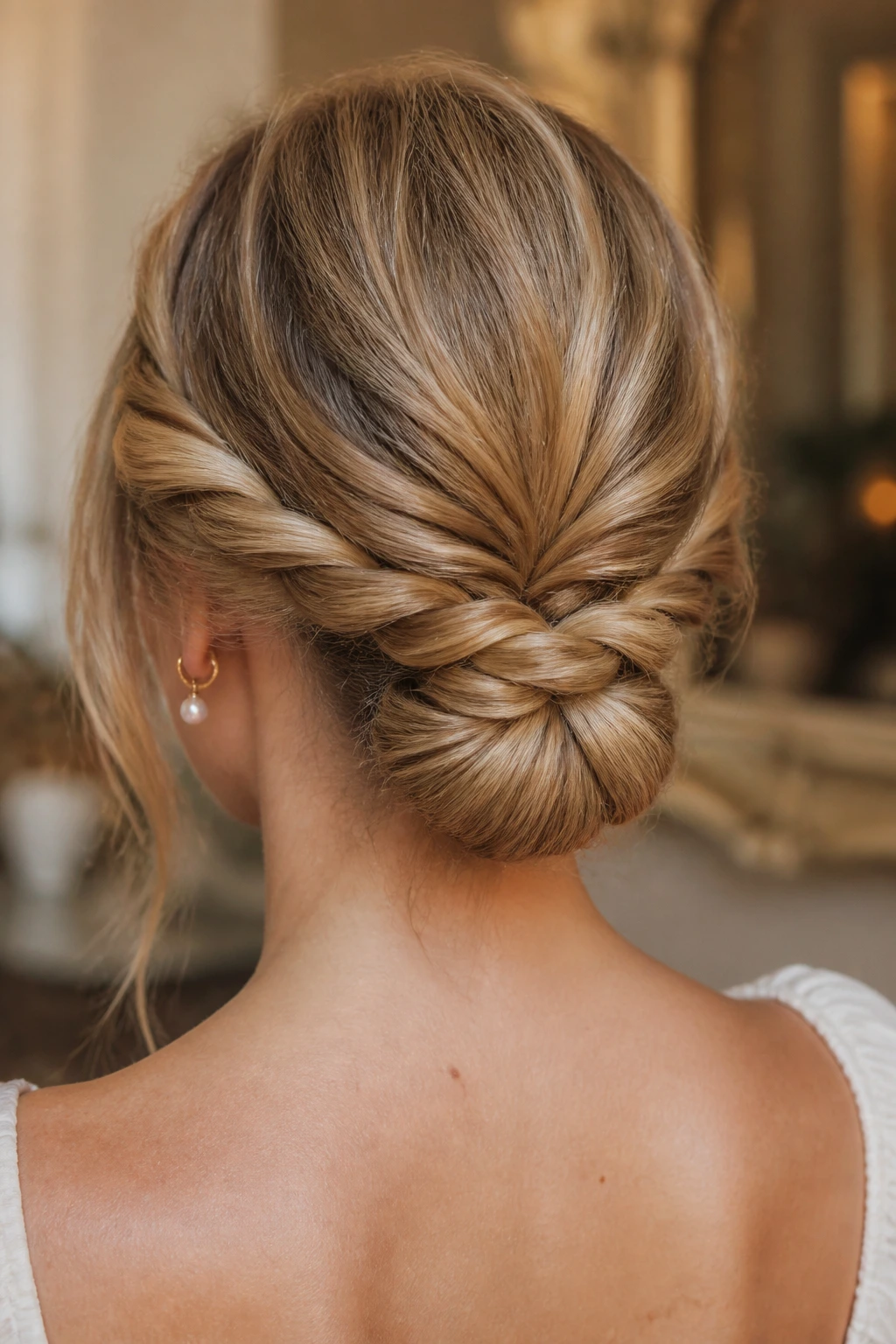 Close-up back view of a real woman with a double-twist low pony bun at the nape