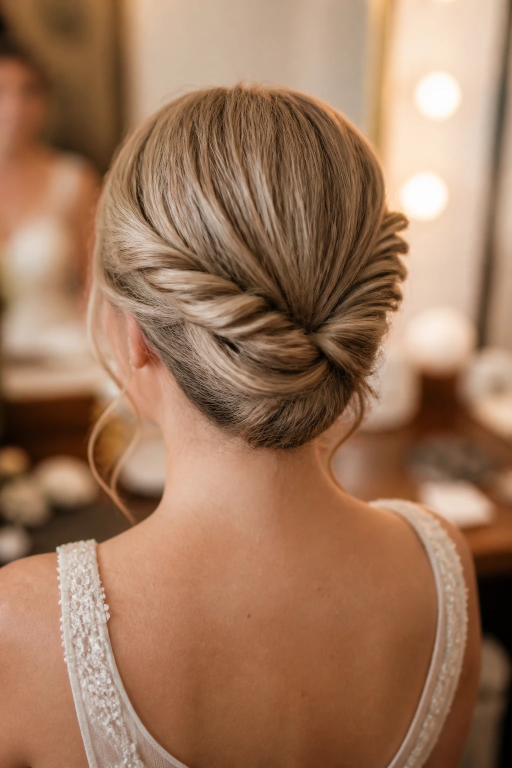 Close-up of a bride with a double-twist bun for shorter fine hair