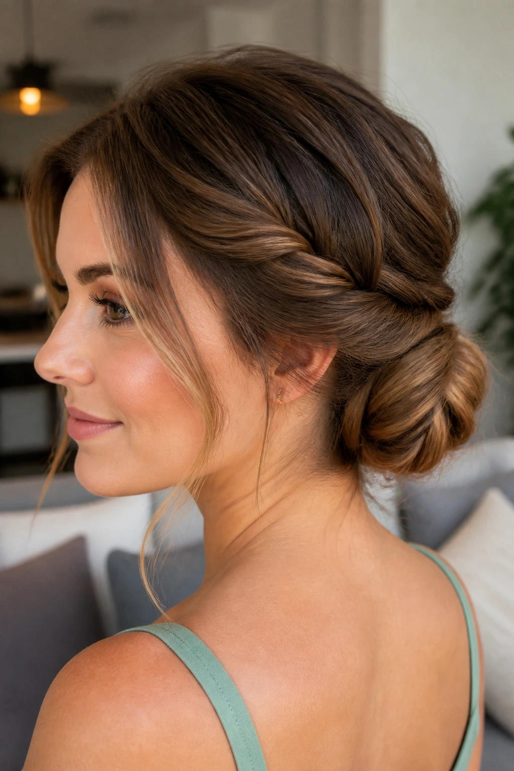 Close-up portrait of a real woman with a double-twist bun at the nape