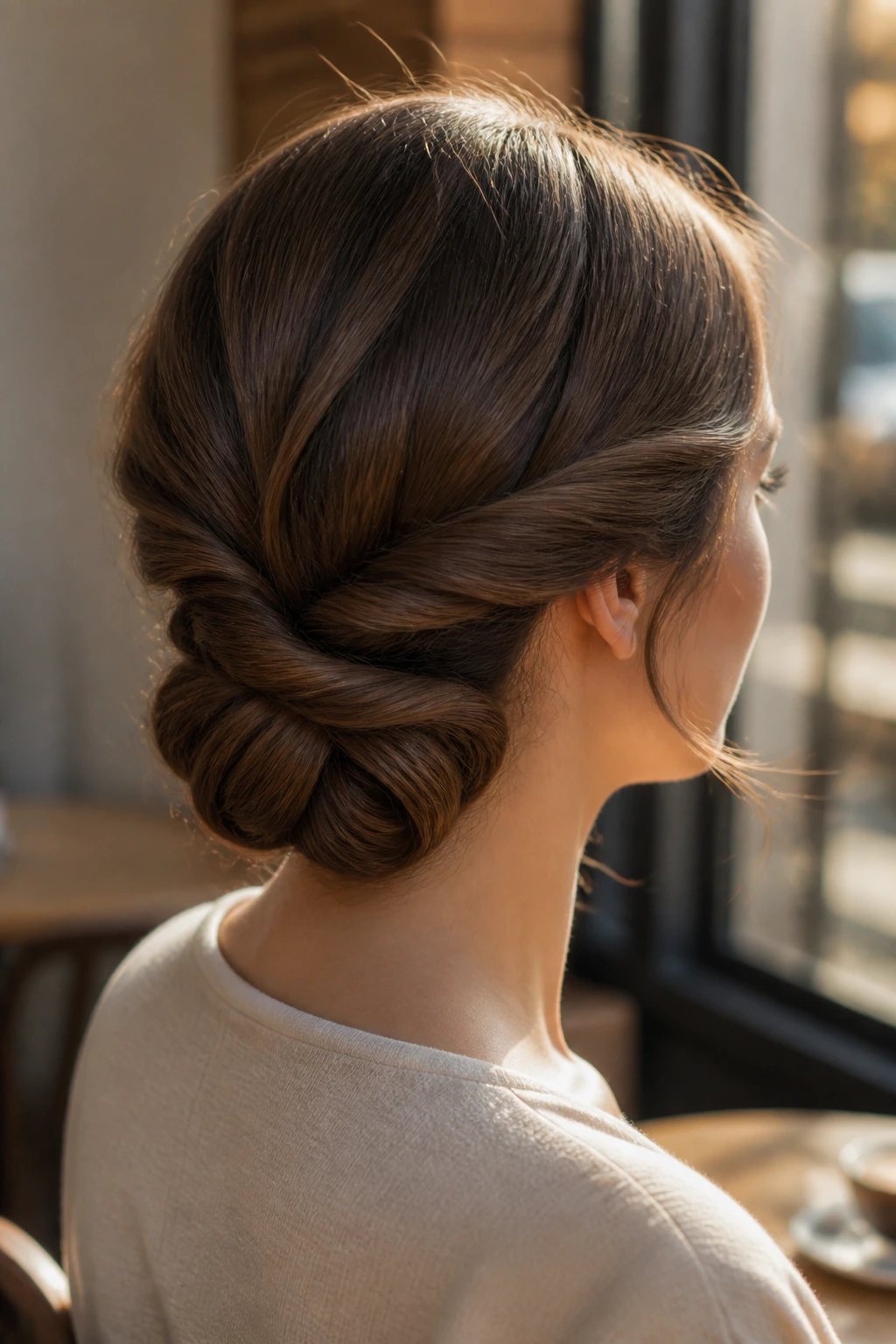 Close-up of a real woman with a double-twist chignon at the nape
