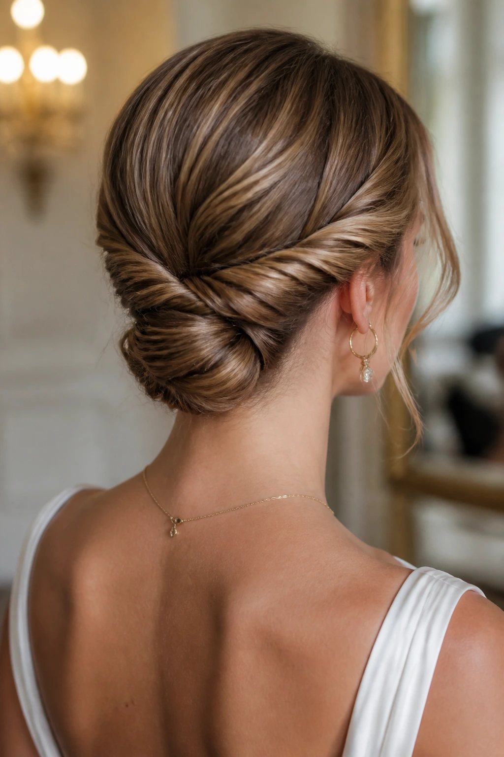 Real woman with double-twist chignon at the nape