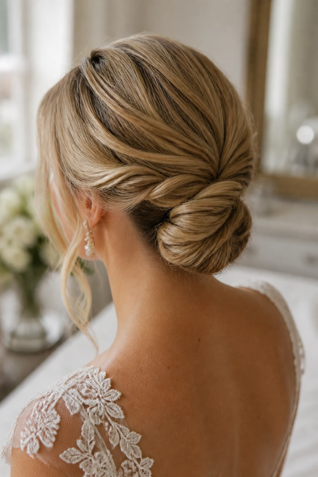 Double-twist low chignon on real bride
