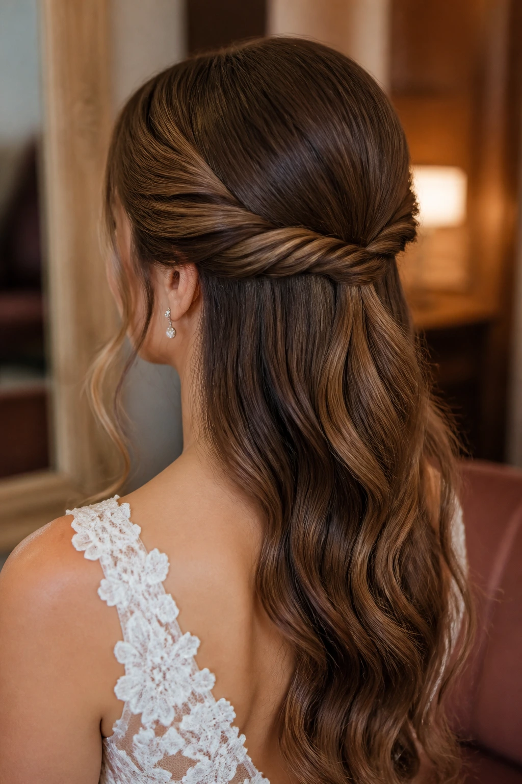 Close-up of a real bride with a double-twist half-up hairstyle