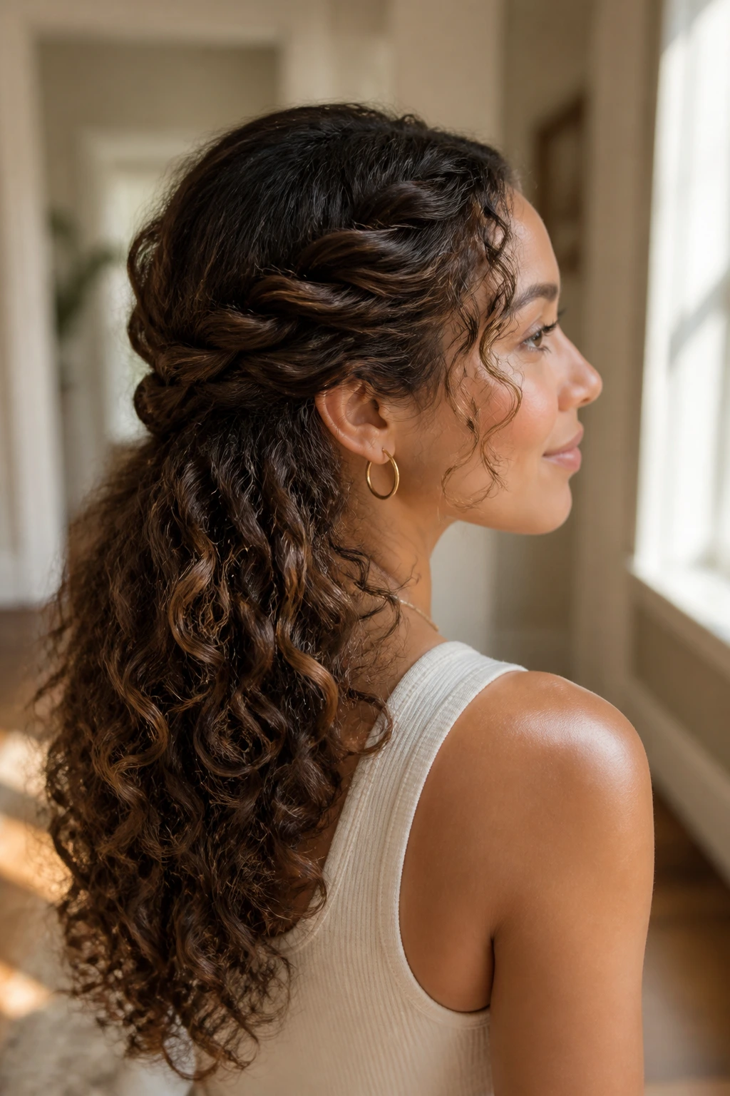 Close-up of real woman with double twist half-up hairstyle