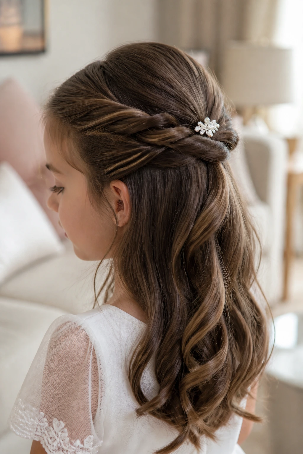 Real child wearing Double Twist Half-Up hairstyle with two twists joining at back.